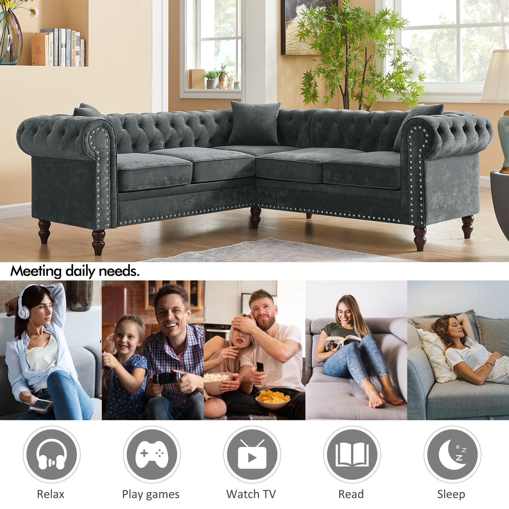 Mh 80" Deep Button Tufted Upholstered Roll Arm Luxury Classic Chesterfield L Shaped Sofa 3 Pillows Included, Solid Wood Gourd Legs, Grey Velvet Grey Polyester Velvet