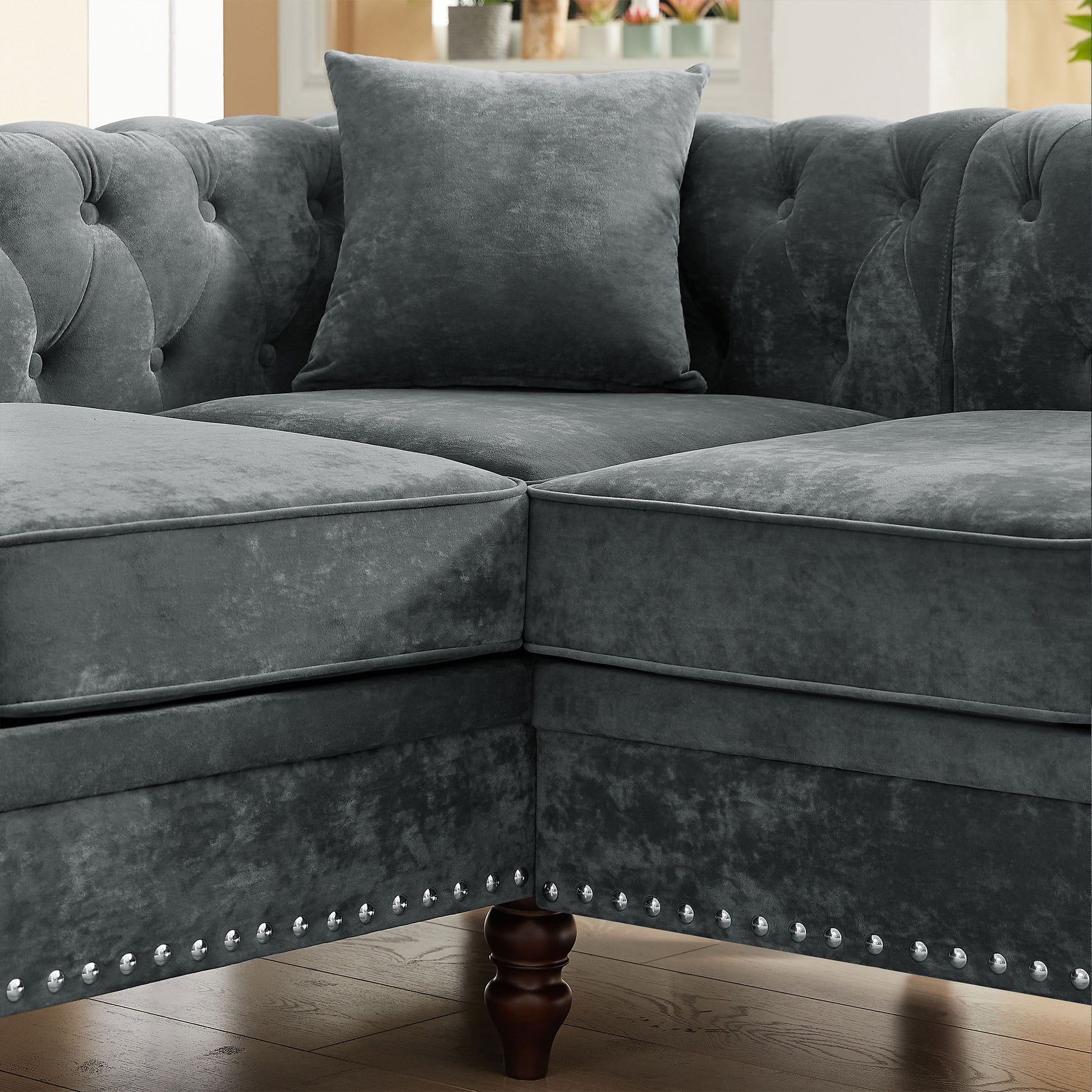 Mh 80" Deep Button Tufted Upholstered Roll Arm Luxury Classic Chesterfield L Shaped Sofa 3 Pillows Included, Solid Wood Gourd Legs, Grey Velvet Grey Polyester Velvet