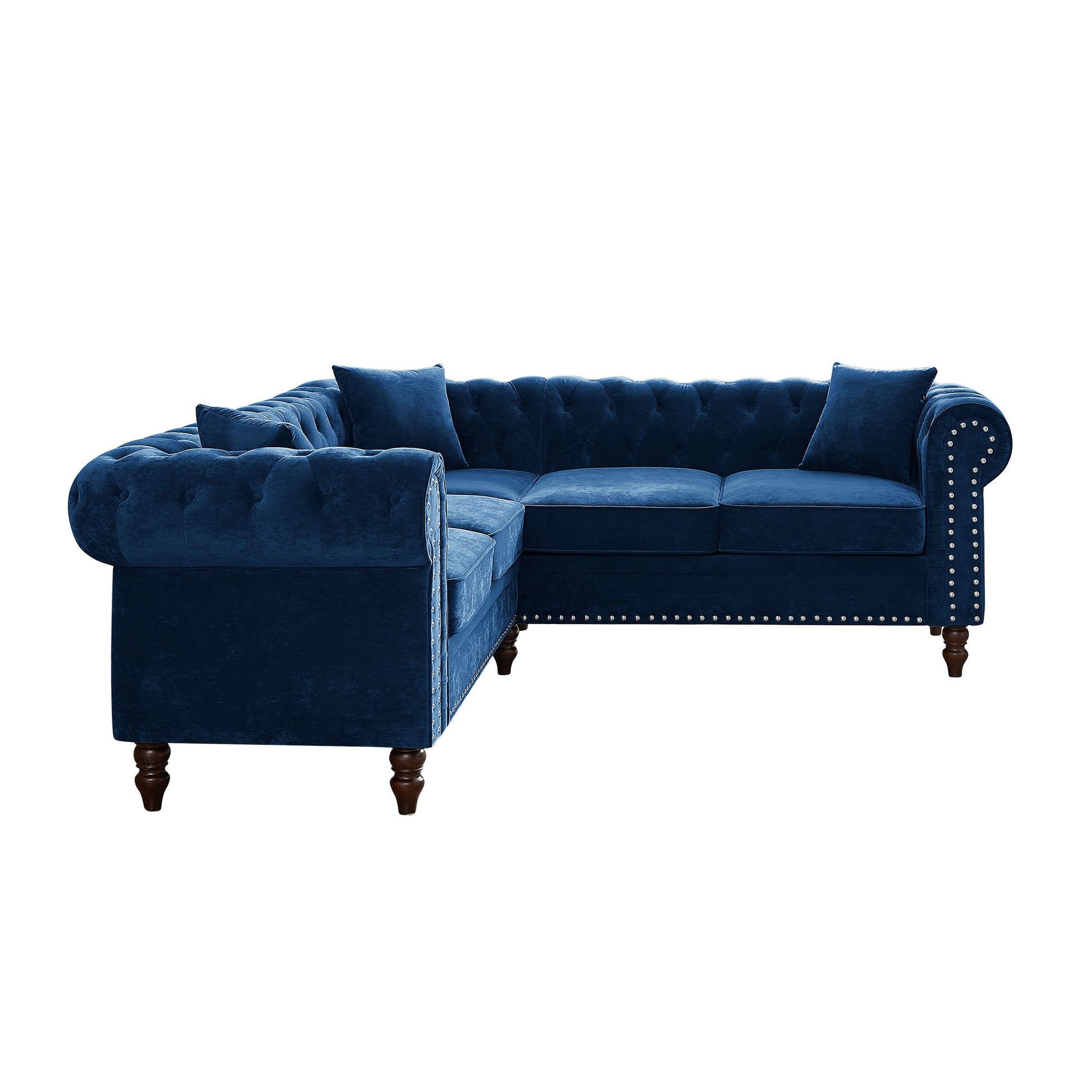 Mh 80" Deep Button Tufted Upholstered Roll Arm Luxury Classic Chesterfield L Shaped Sofa 3 Pillows Included, Solid Wood Gourd Legs, Blue Velvet S00011 Blue Velvet Polyester Velvet 5 Seat