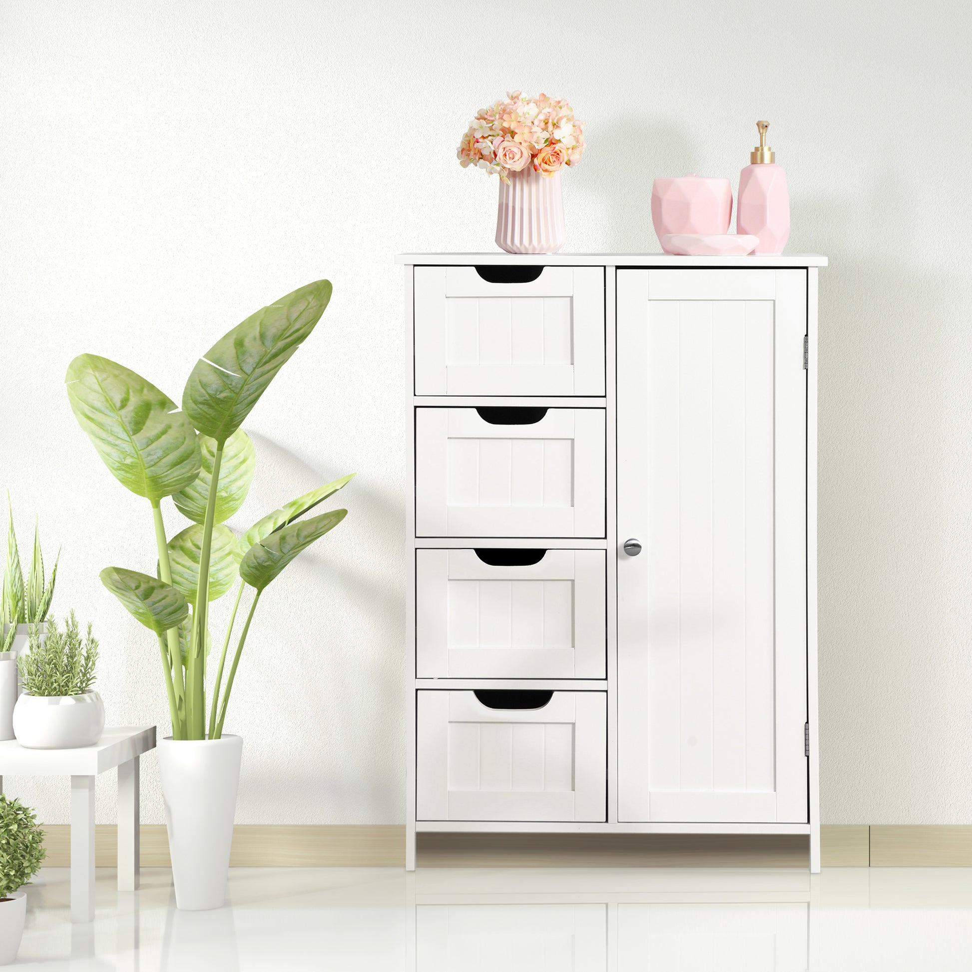 White Bathroom Storage Cabinet, Floor Cabinet With Adjustable Shelf And Drawers White Mdf