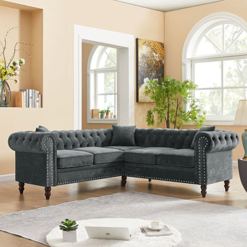 Mh 80" Deep Button Tufted Upholstered Roll Arm Luxury Classic Chesterfield L Shaped Sofa 3 Pillows Included, Solid Wood Gourd Legs, Grey Velvet Grey Polyester Velvet