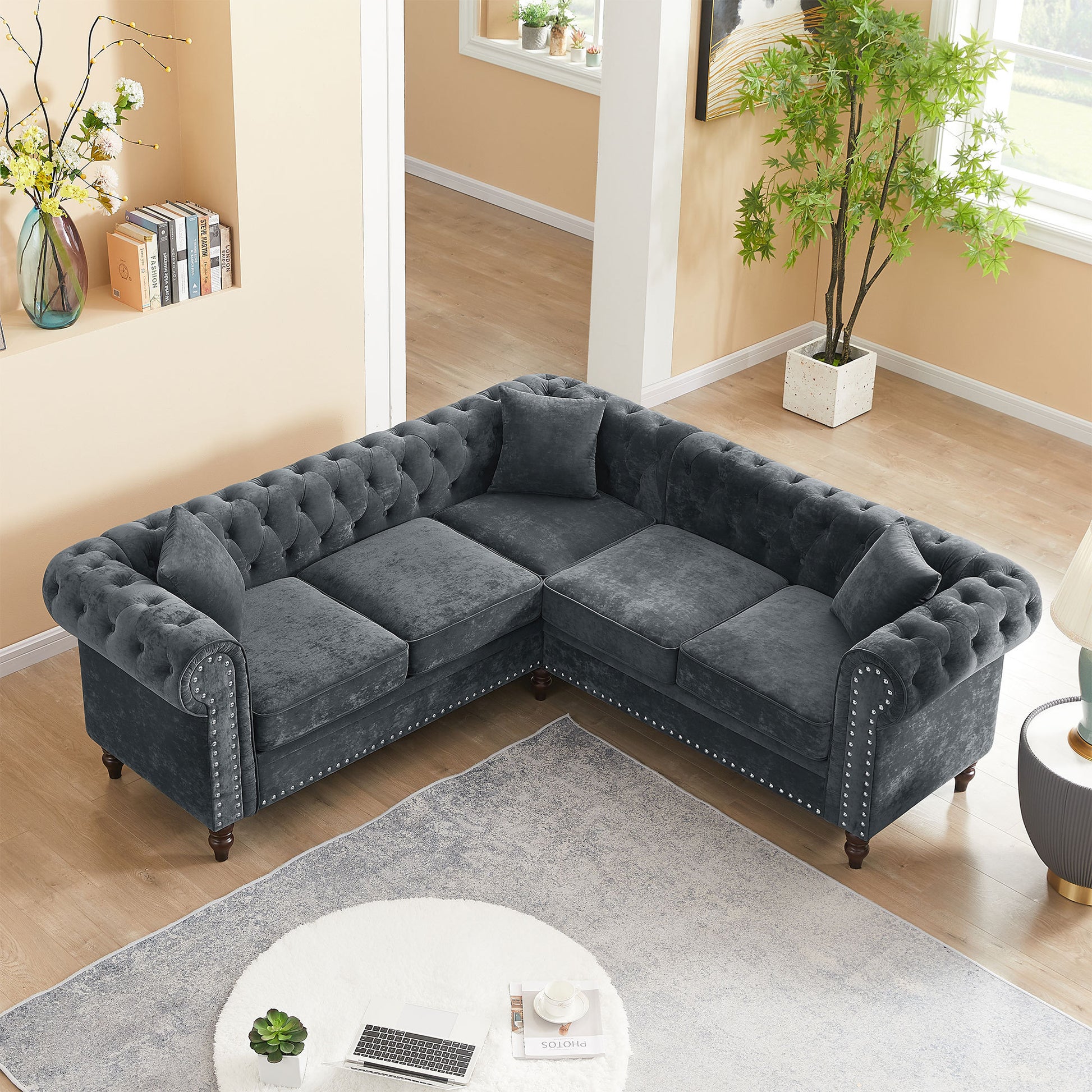 Mh 80" Deep Button Tufted Upholstered Roll Arm Luxury Classic Chesterfield L Shaped Sofa 3 Pillows Included, Solid Wood Gourd Legs, Grey Velvet Grey Polyester Velvet