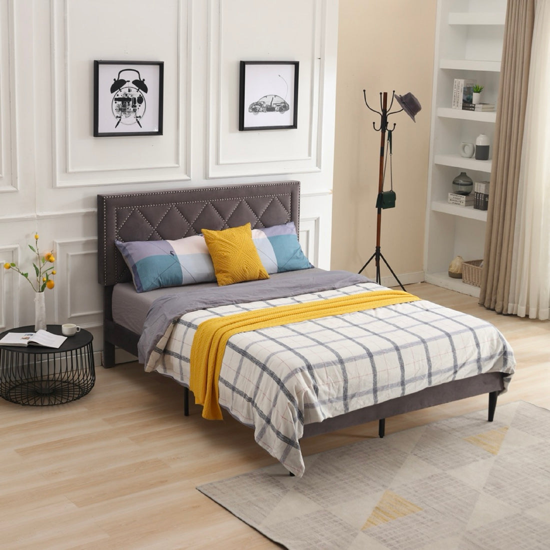 Modern Suede Velvet Curved Upholstered Bed, Trim Queen Dark Grey Polyester Fabric