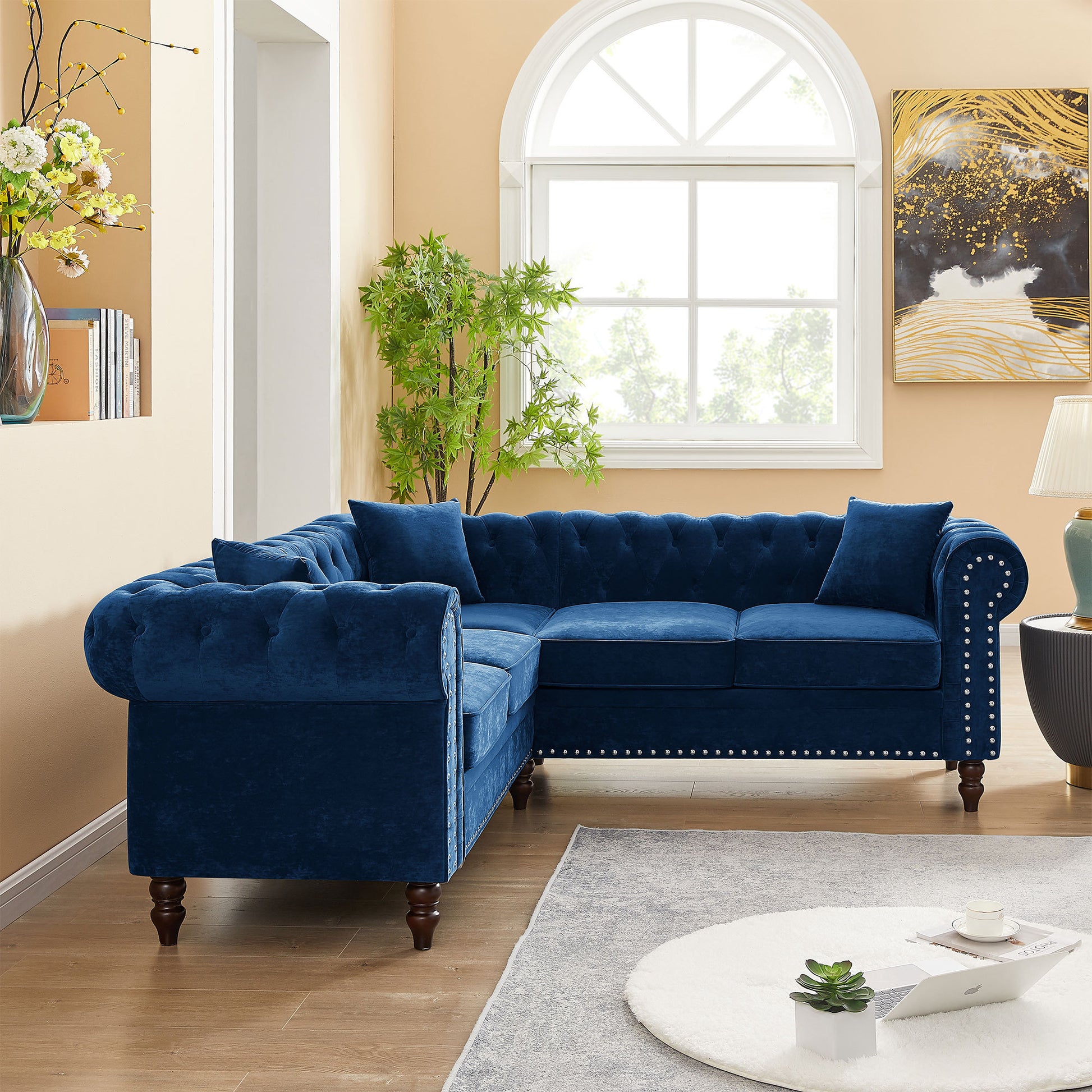 Mh 80" Deep Button Tufted Upholstered Roll Arm Luxury Classic Chesterfield L Shaped Sofa 3 Pillows Included, Solid Wood Gourd Legs, Blue Velvet S00011 Blue Velvet Polyester Velvet 5 Seat