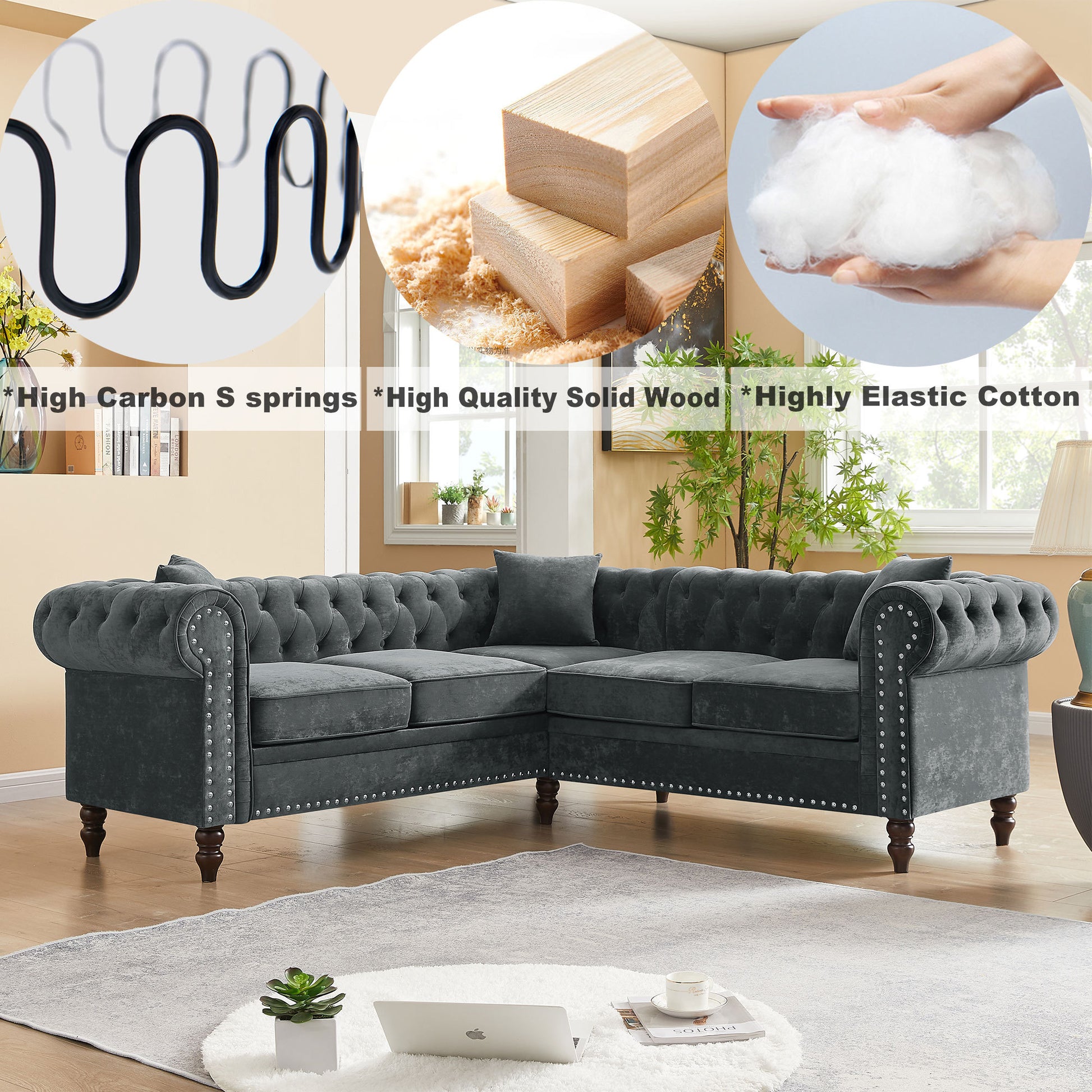 Mh 80" Deep Button Tufted Upholstered Roll Arm Luxury Classic Chesterfield L Shaped Sofa 3 Pillows Included, Solid Wood Gourd Legs, Grey Velvet Grey Polyester Velvet