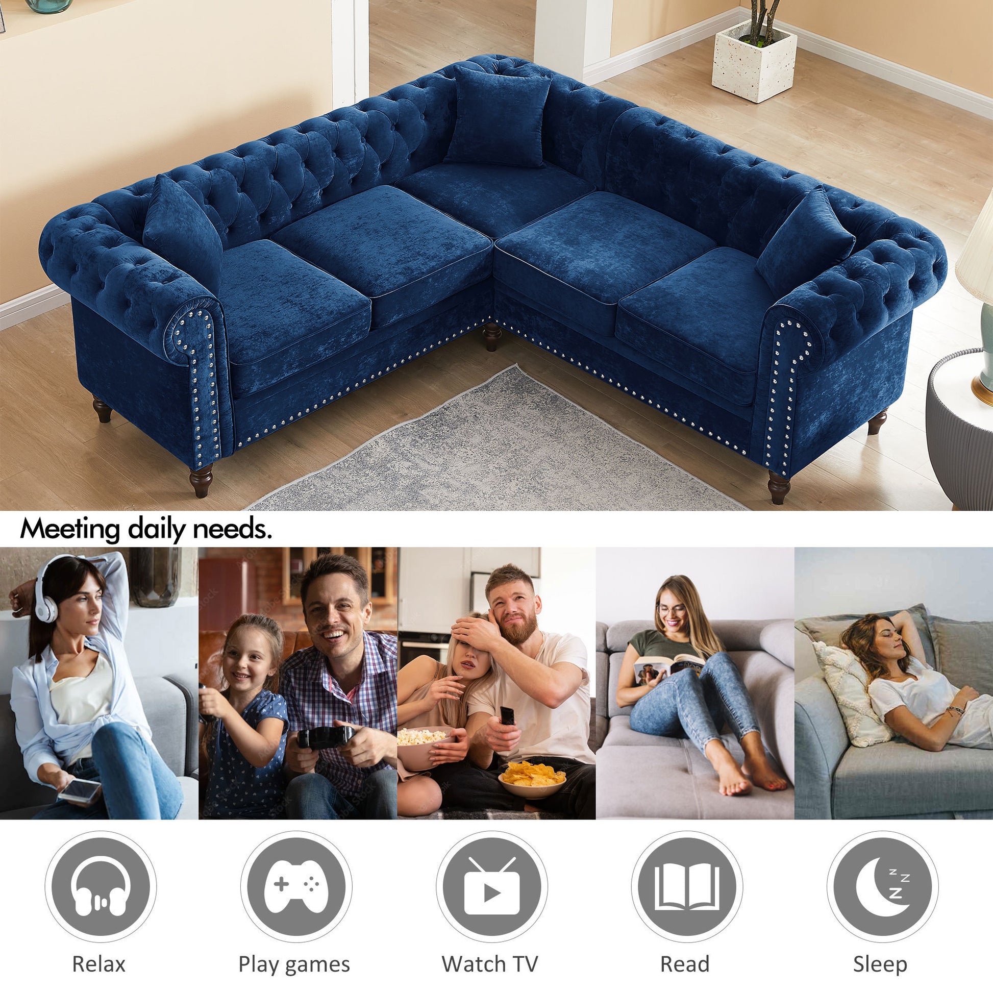 Mh 80" Deep Button Tufted Upholstered Roll Arm Luxury Classic Chesterfield L Shaped Sofa 3 Pillows Included, Solid Wood Gourd Legs, Blue Velvet S00011 Blue Velvet Polyester Velvet 5 Seat