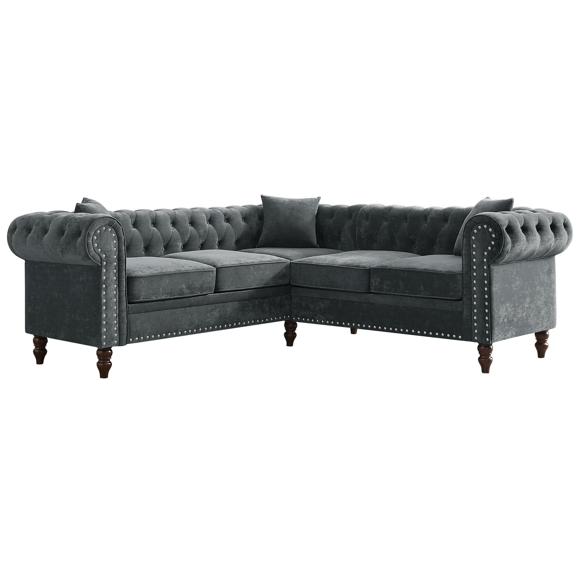 Mh 80" Deep Button Tufted Upholstered Roll Arm Luxury Classic Chesterfield L Shaped Sofa 3 Pillows Included, Solid Wood Gourd Legs, Grey Velvet Grey Polyester Velvet