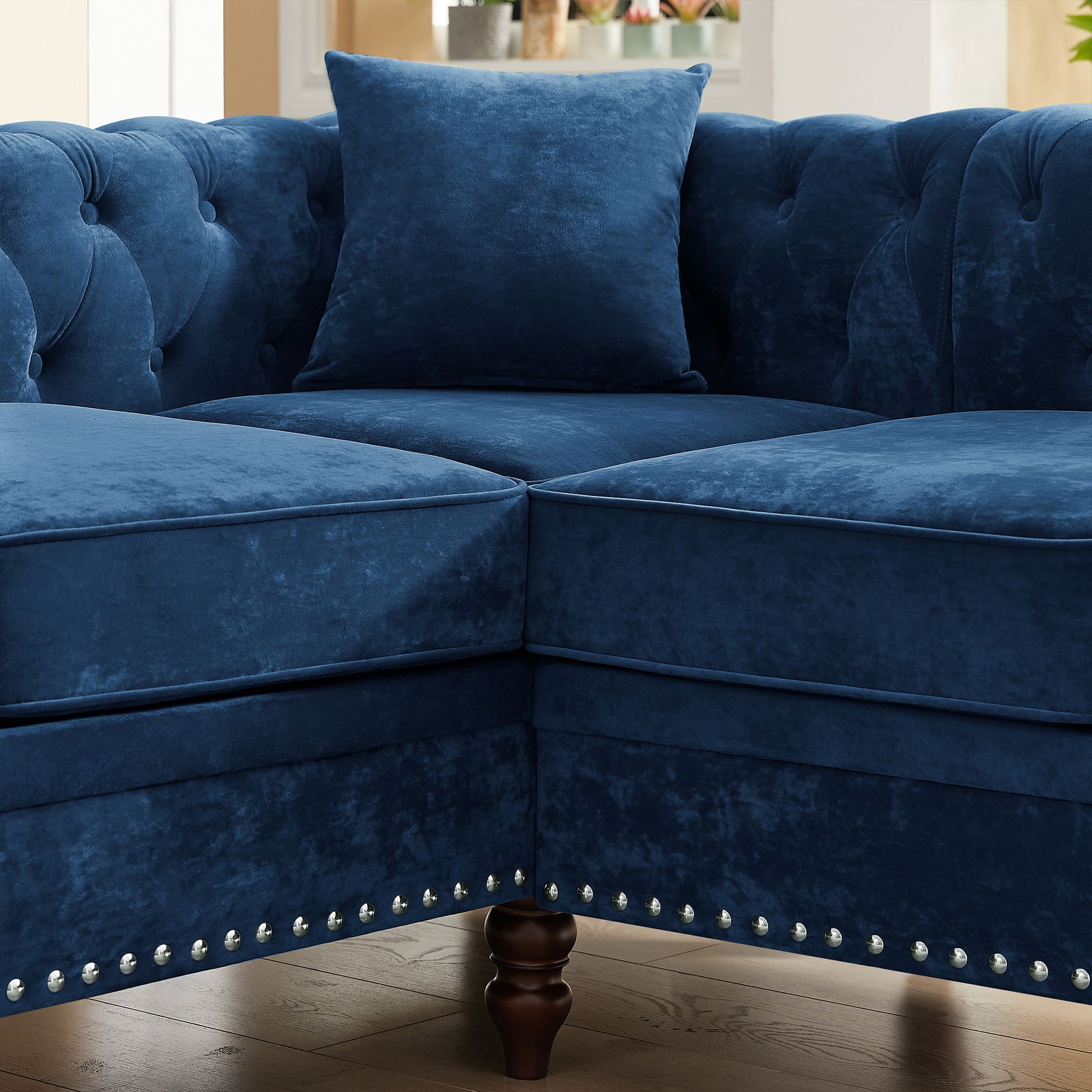 Mh 80" Deep Button Tufted Upholstered Roll Arm Luxury Classic Chesterfield L Shaped Sofa 3 Pillows Included, Solid Wood Gourd Legs, Blue Velvet S00011 Blue Velvet Polyester Velvet 5 Seat