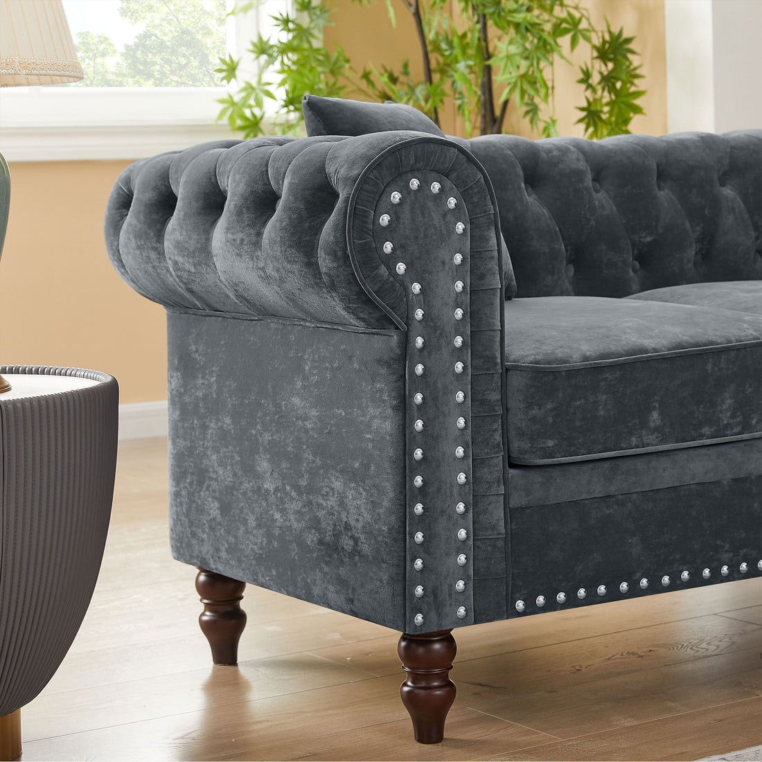 Mh 80" Deep Button Tufted Upholstered Roll Arm Luxury Classic Chesterfield L Shaped Sofa 3 Pillows Included, Solid Wood Gourd Legs, Grey Velvet Grey Polyester Velvet