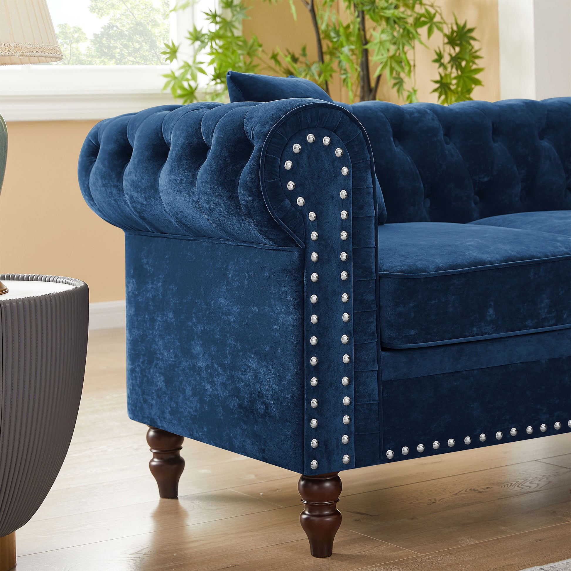 Mh 80" Deep Button Tufted Upholstered Roll Arm Luxury Classic Chesterfield L Shaped Sofa 3 Pillows Included, Solid Wood Gourd Legs, Blue Velvet S00011 Blue Velvet Polyester Velvet 5 Seat