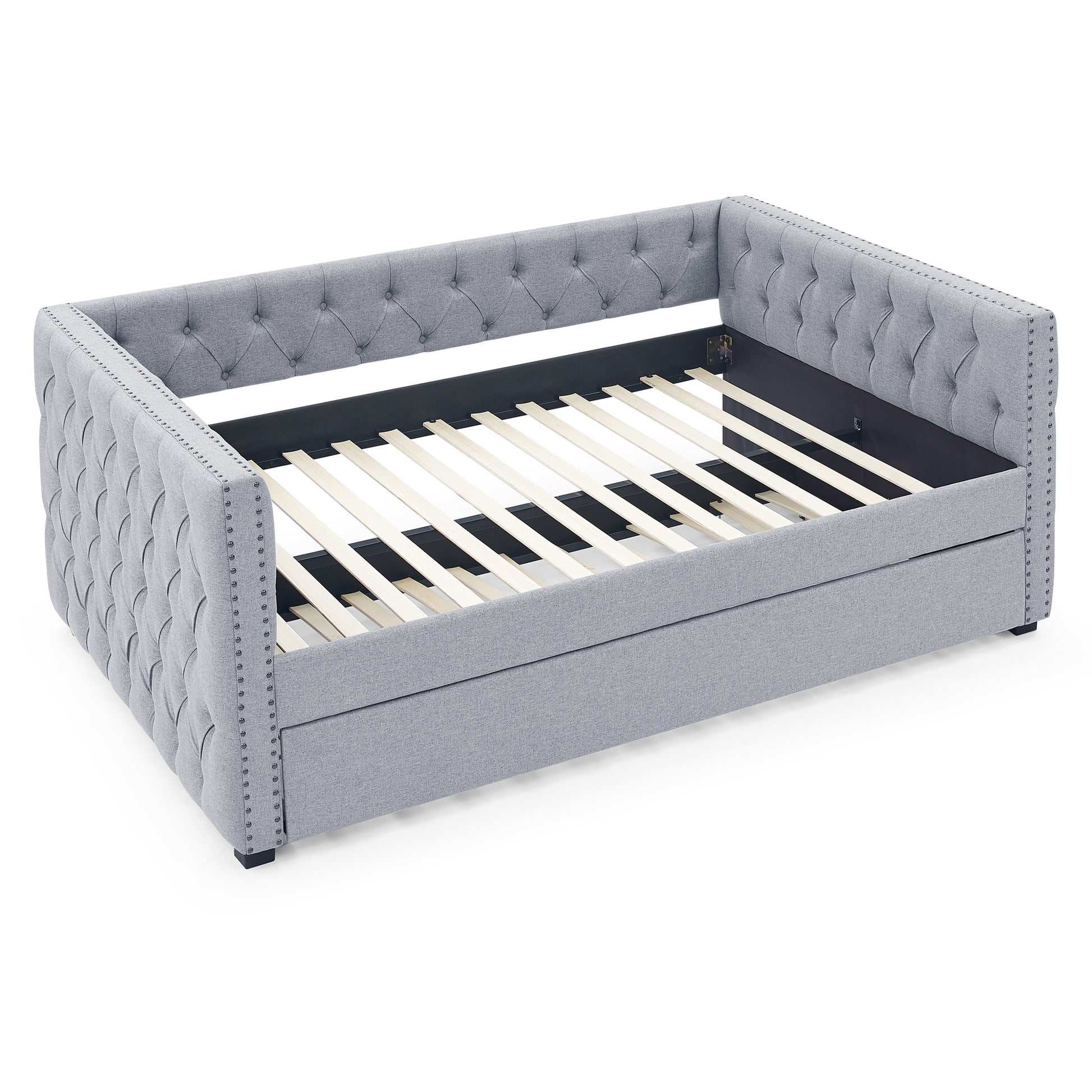 Daybed With Trundle Upholstered Tufted Sofa Bed, With Button And Copper Nail On Square Arms,Full Daybed & Twin Trundle, Grey 85"X57"X31.5" Grey Linen