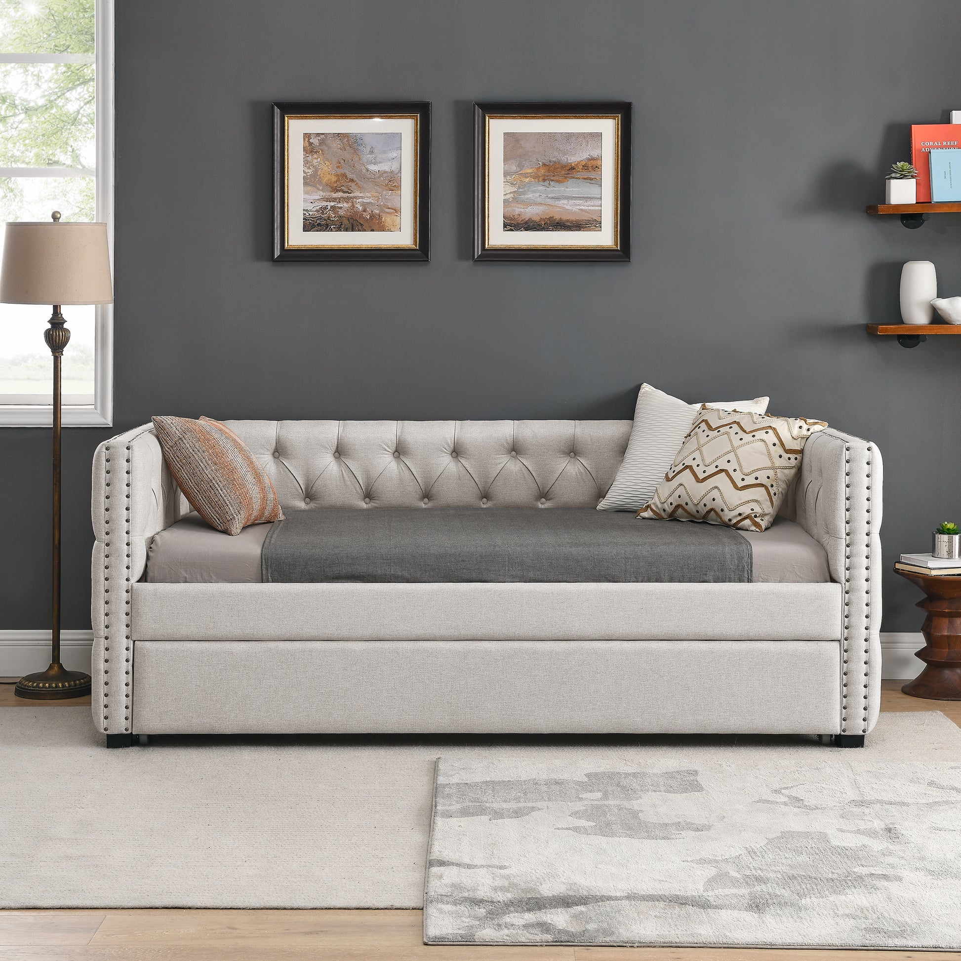 Daybed With Trundle Upholstered Tufted Sofa Bed, With Button And Copper Nail On Square Arms,Both Twin Size, Beige 85"X42.5"X31.5" Beige Linen