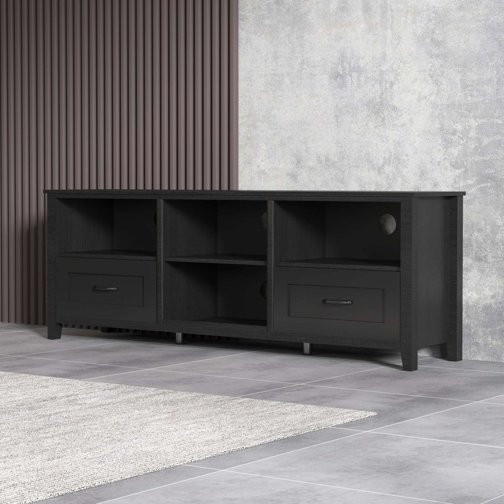 70.08 Inch Length Black Tv Stand For Living Room And Bedroom, With 2 Drawers And 4 High Capacity Storage Compartment. Black Particle Board