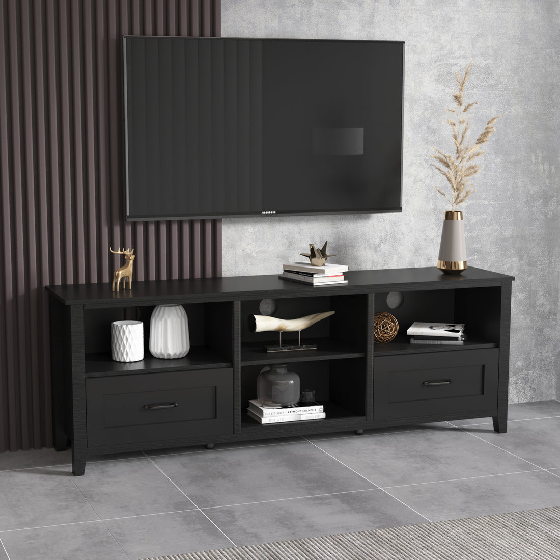 70.08 Inch Length Tv Stand For Living Room And Bedroom, With 2 Drawers And 4 High Capacity Storage Compartment,Black Walnut Black 70 79 Inches Particle Board