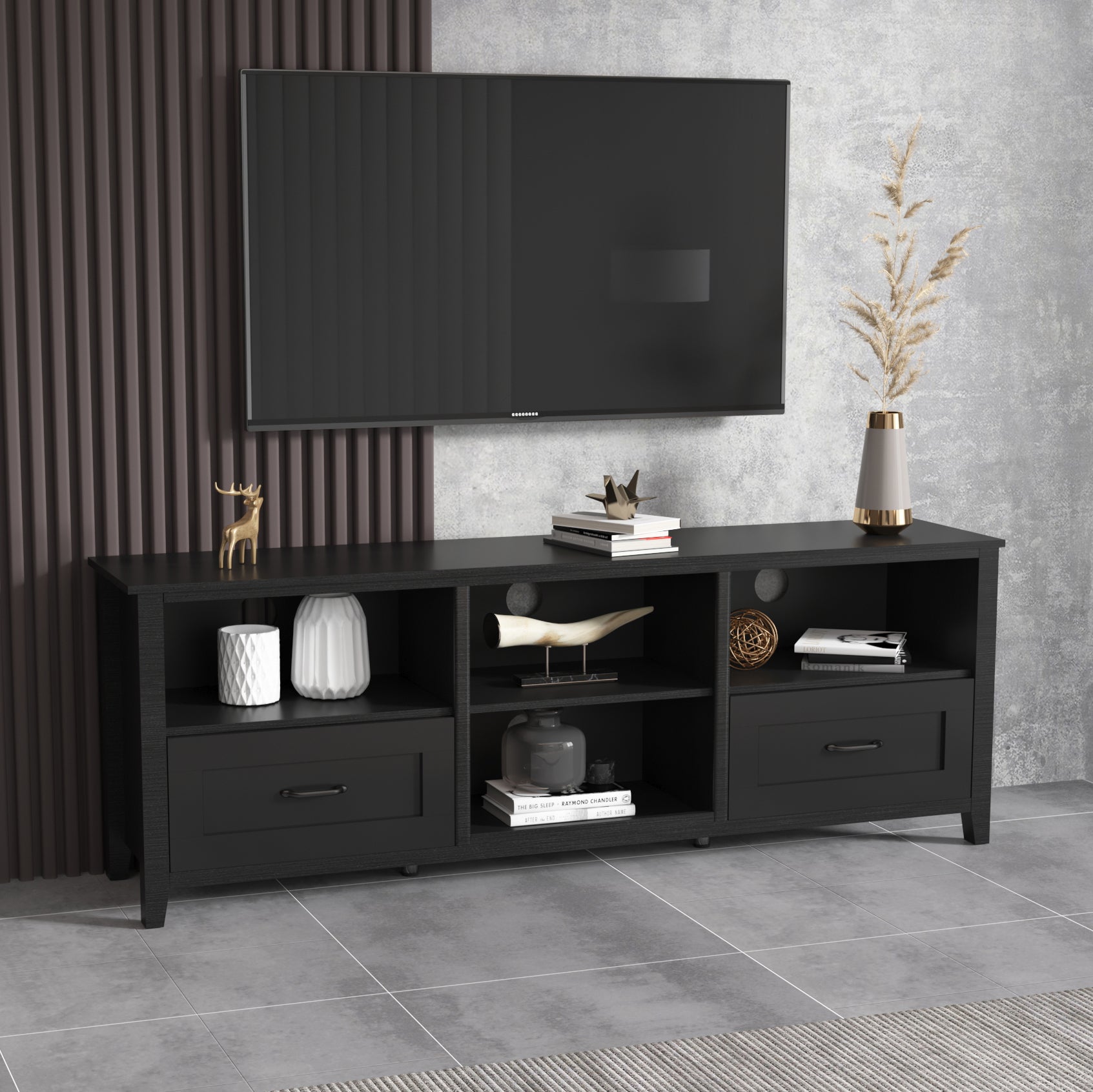 70.08 Inch Length Black Tv Stand For Living Room And Bedroom, With 2 Drawers And 4 High Capacity Storage Compartment. Black Particle Board