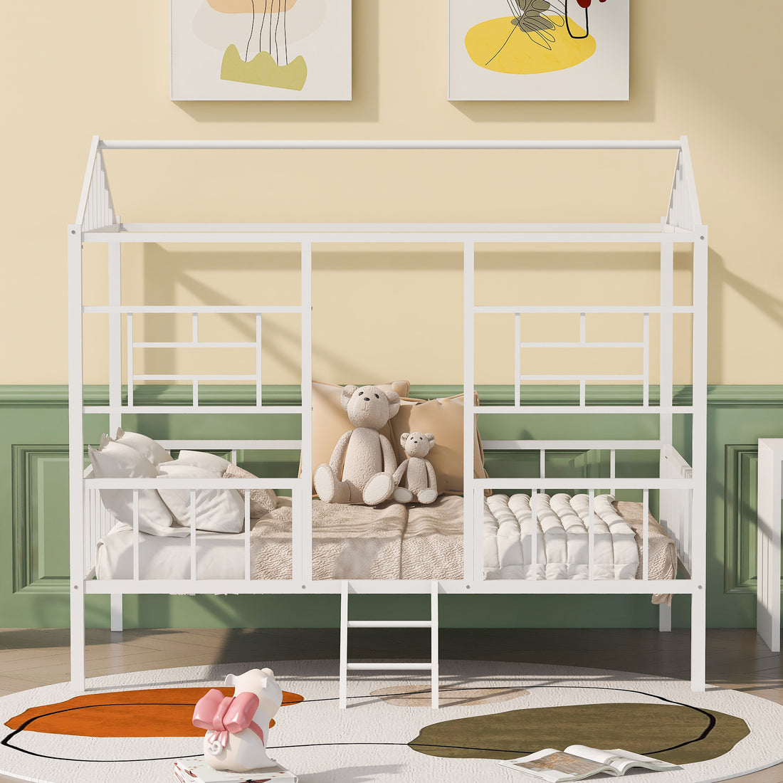 Metal House Bed Frame Full Size With Slatted Support No Box Spring Needed White Full White Metal