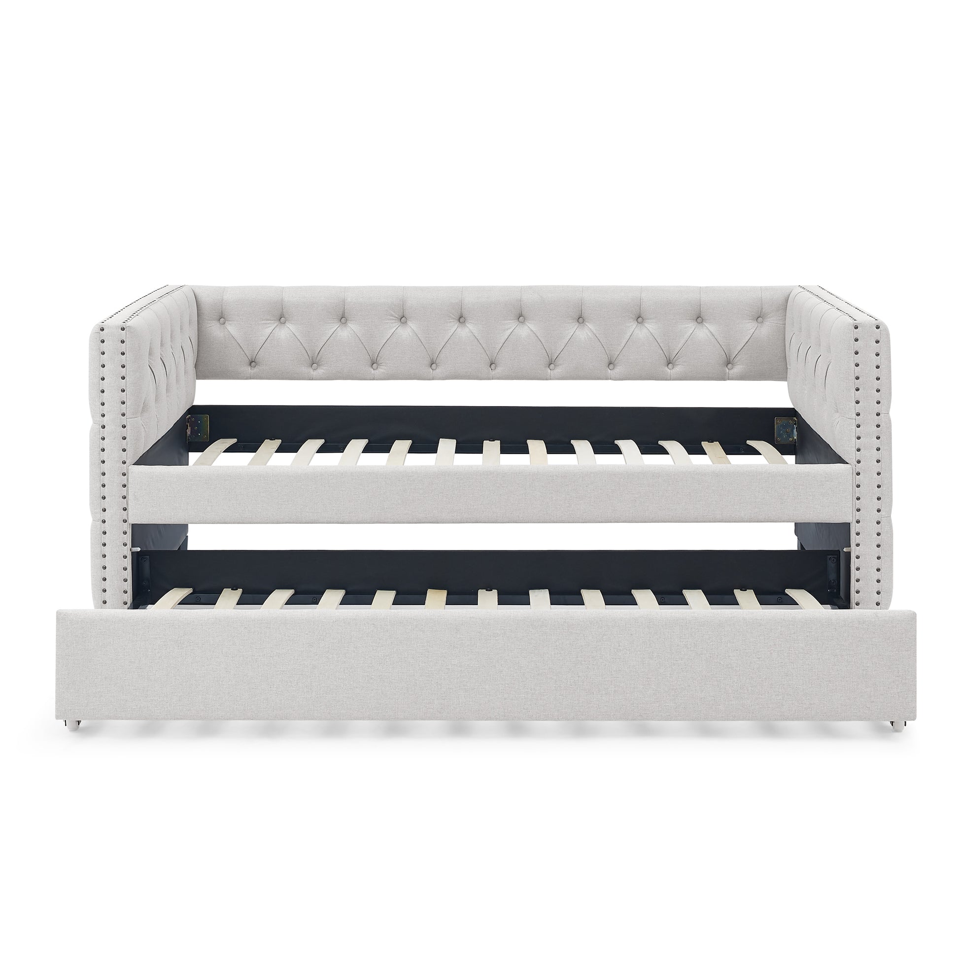 Daybed With Trundle Upholstered Tufted Sofa Bed, With Button And Copper Nail On Square Arms,Both Twin Size, Beige 85"X42.5"X31.5" Beige Linen