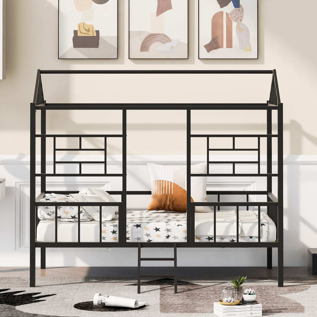 Metal House Bed Frame Twin Size With Slatted Support No Box Spring Needed Black Twin Black Metal