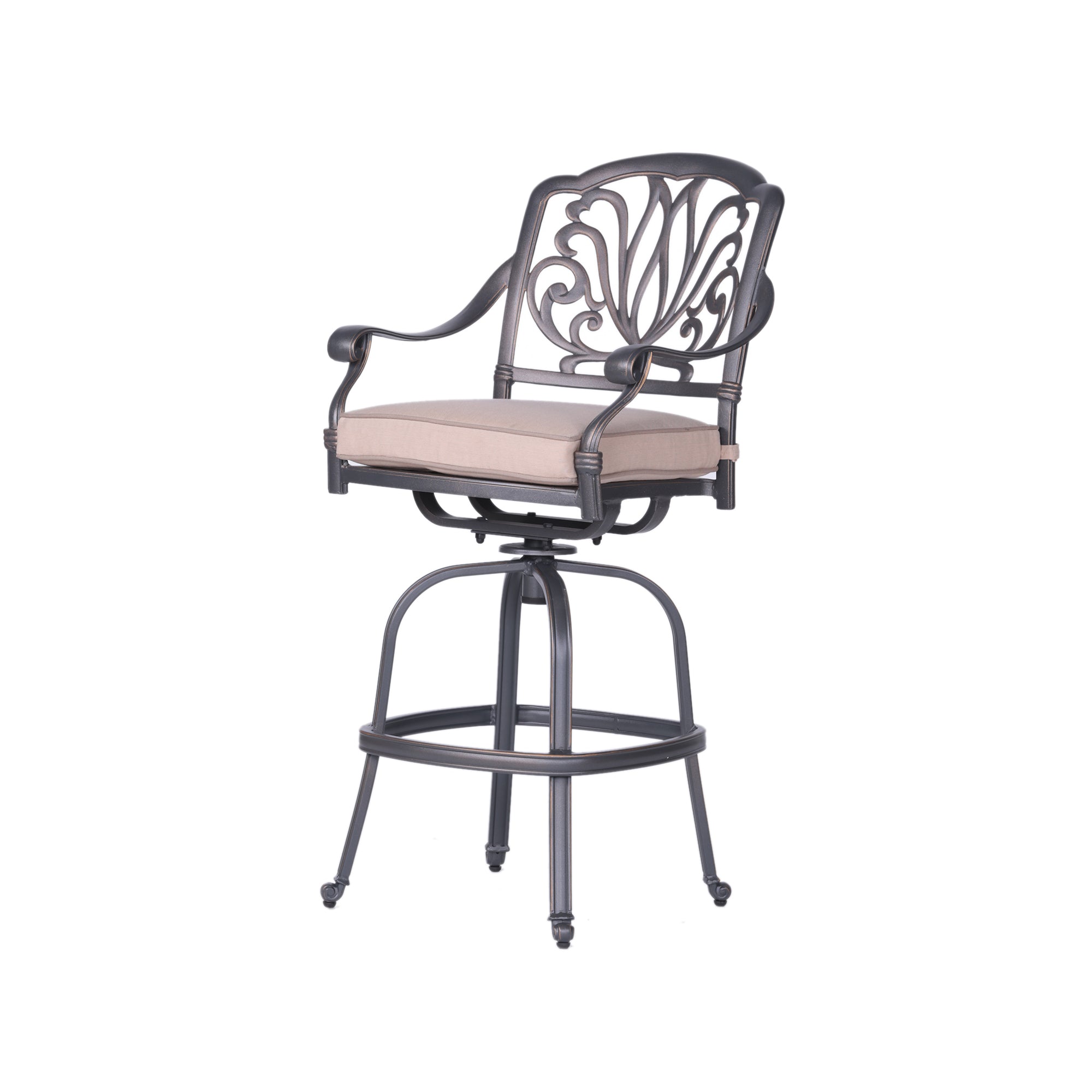 Patio Outdoor Aluminum Swivel Bar Stool With Cushion, Set Of 2, Spectrum Sand Grey Ivory Polyester Aluminum