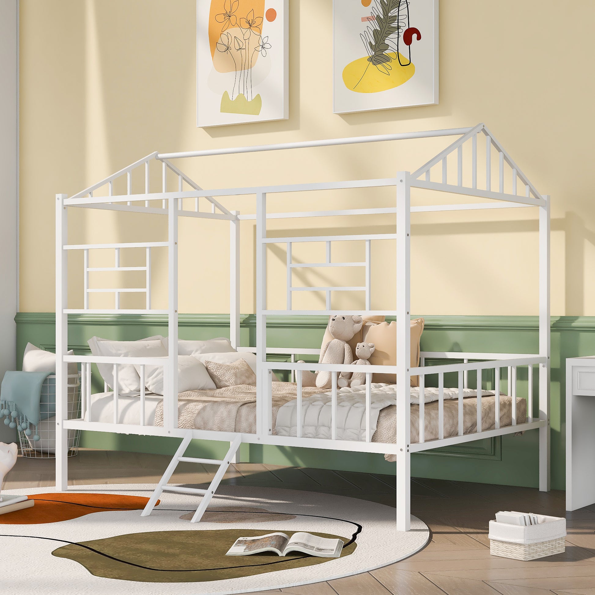 Metal House Bed Frame Full Size With Slatted Support No Box Spring Needed White Full White Metal
