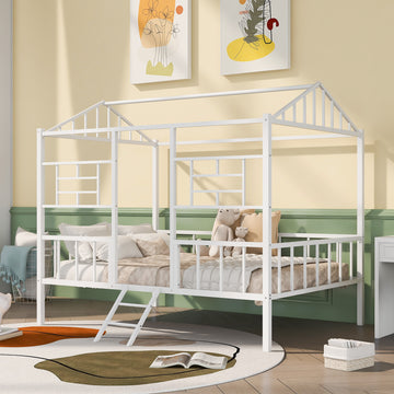 Metal House Bed Frame Full Size With Slatted Support No Box Spring Needed White Full White Metal