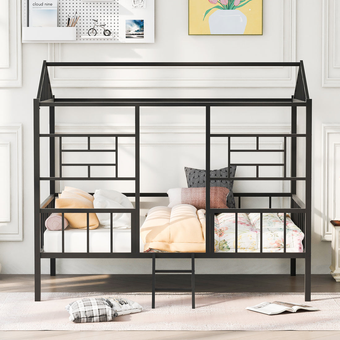 Metal House Bed Frame Full Size With Slatted Support No Box Spring Needed Black Full Black Metal