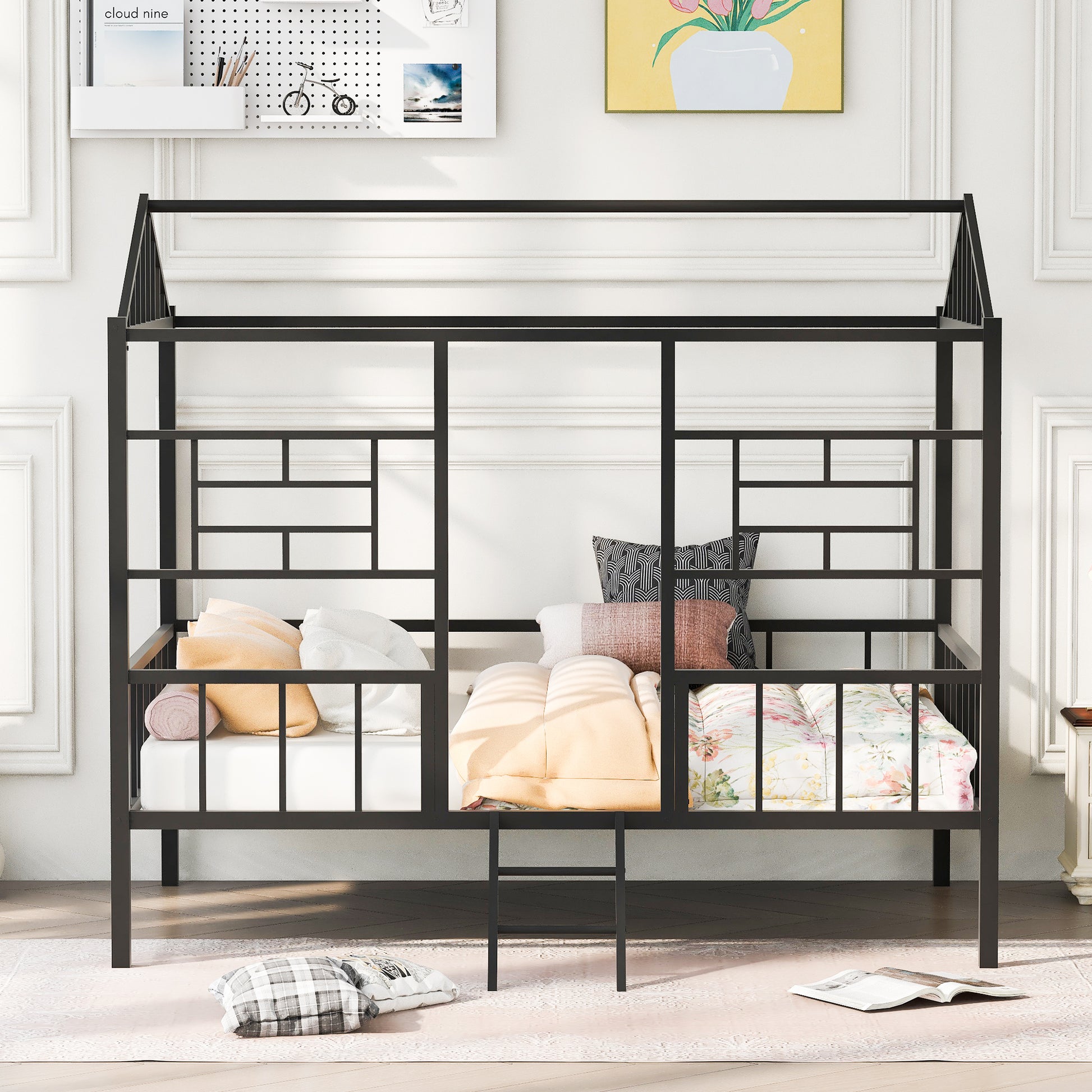 Metal House Bed Frame Full Size With Slatted Support No Box Spring Needed Black Full Black Metal