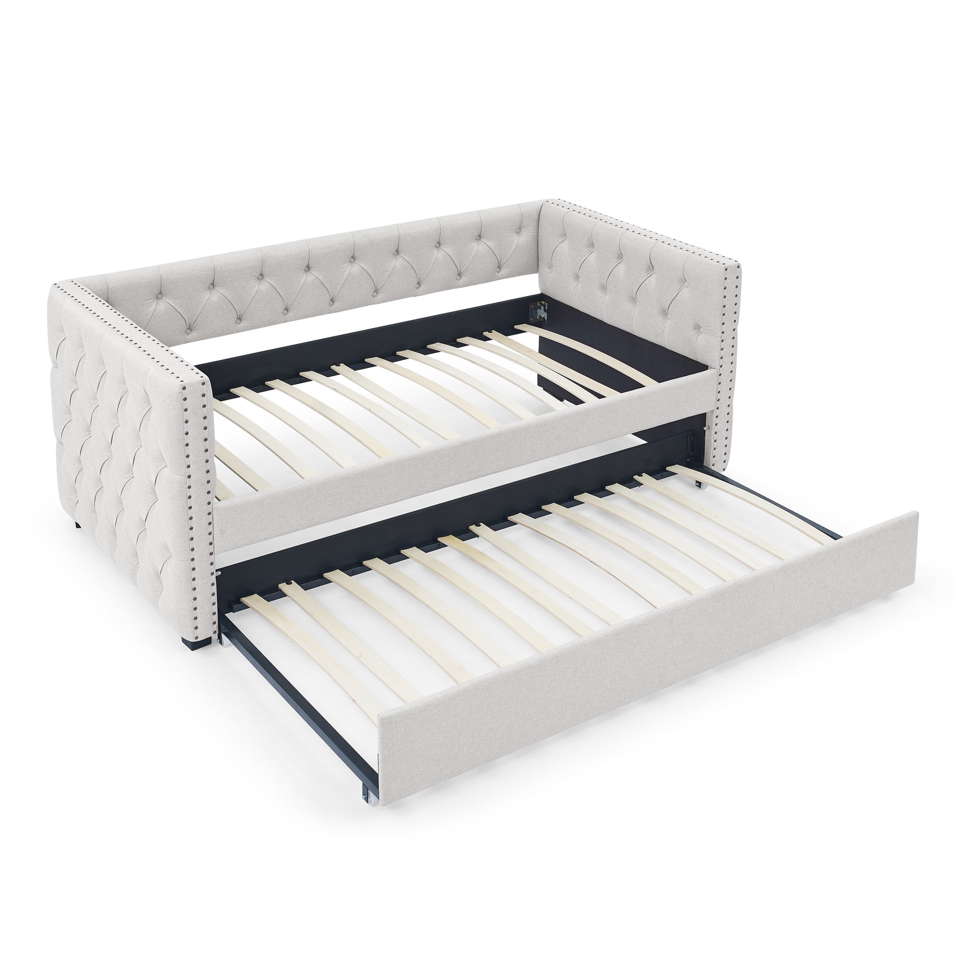 Daybed With Trundle Upholstered Tufted Sofa Bed, With Button And Copper Nail On Square Arms,Both Twin Size, Beige 85"X42.5"X31.5" Beige Linen