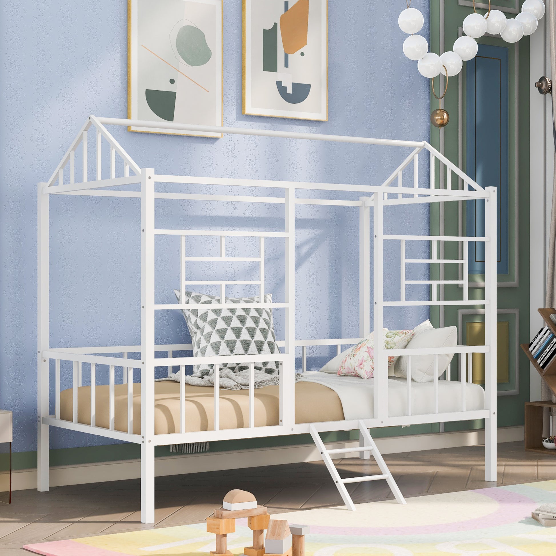 Metal House Bed Frame Twin Size With Slatted Support No Box Spring Needed White Twin White Metal