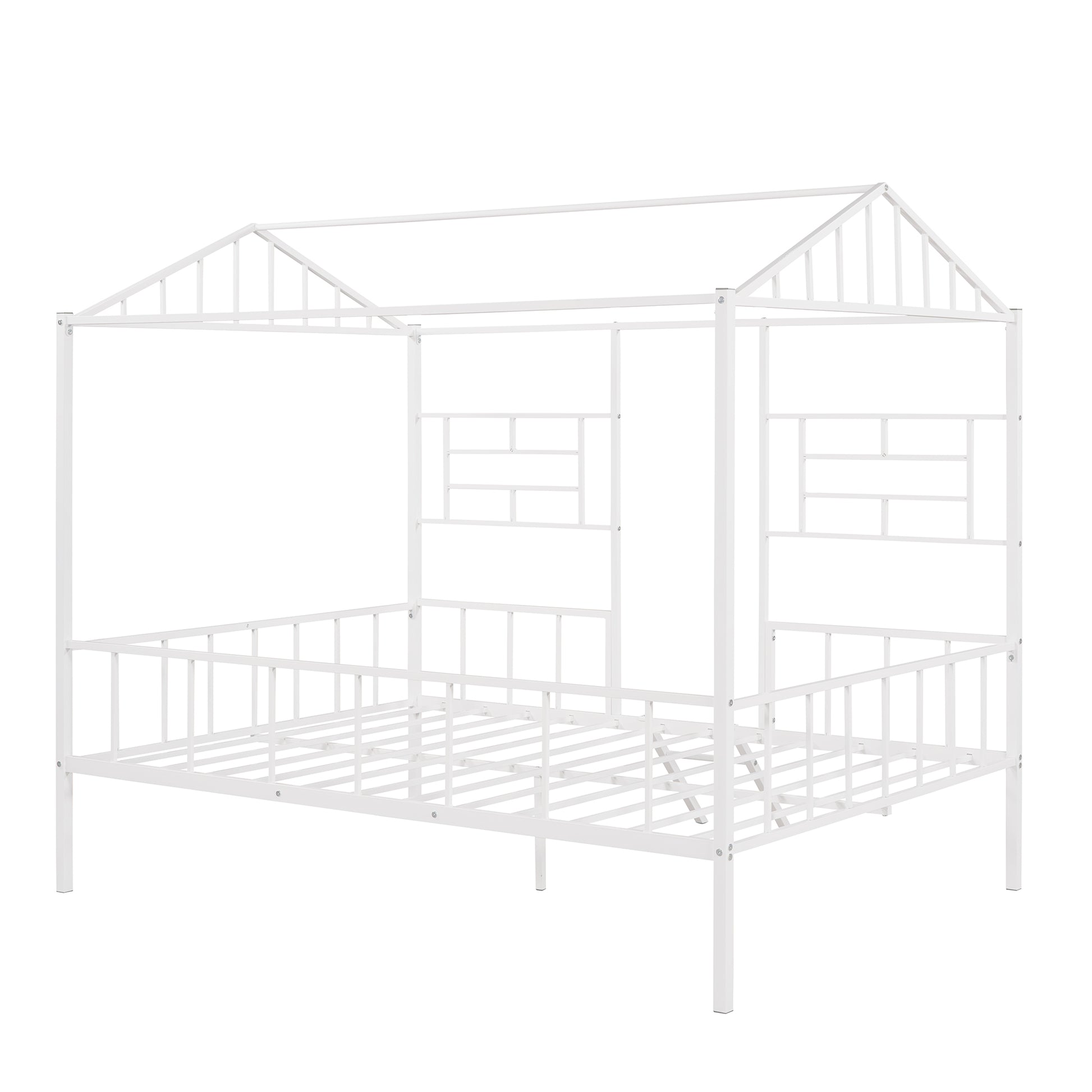 Metal House Bed Frame Full Size With Slatted Support No Box Spring Needed White Full White Metal