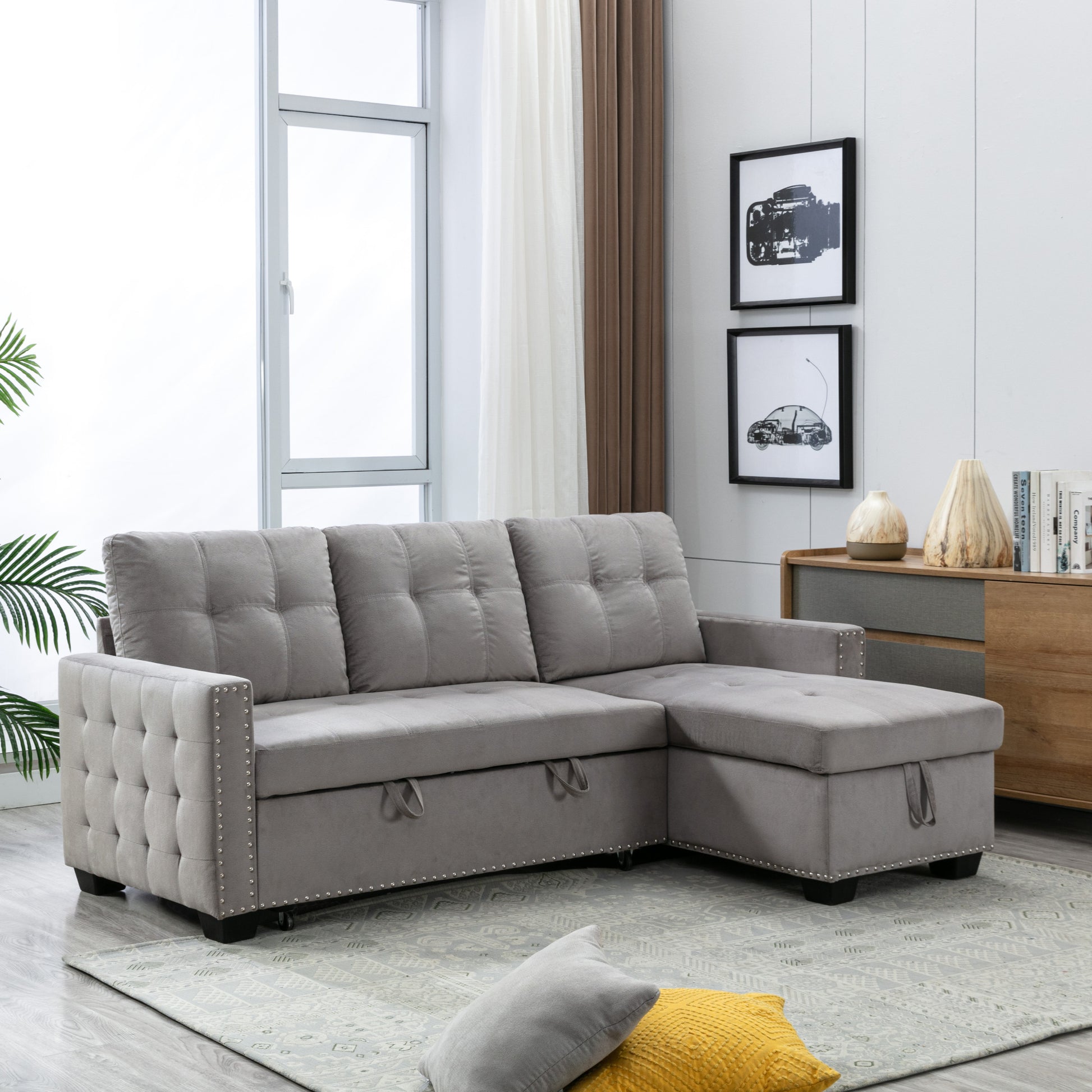 77 Inch Reversible Sectional Storage Sleeper Sofa Bedl Shape 2 Seat Sectional Chaise With Storageskin Feeling Velvet Fabric ,Light Grey Color For Living Room Furniture Light Grey Fabric 3 Seat