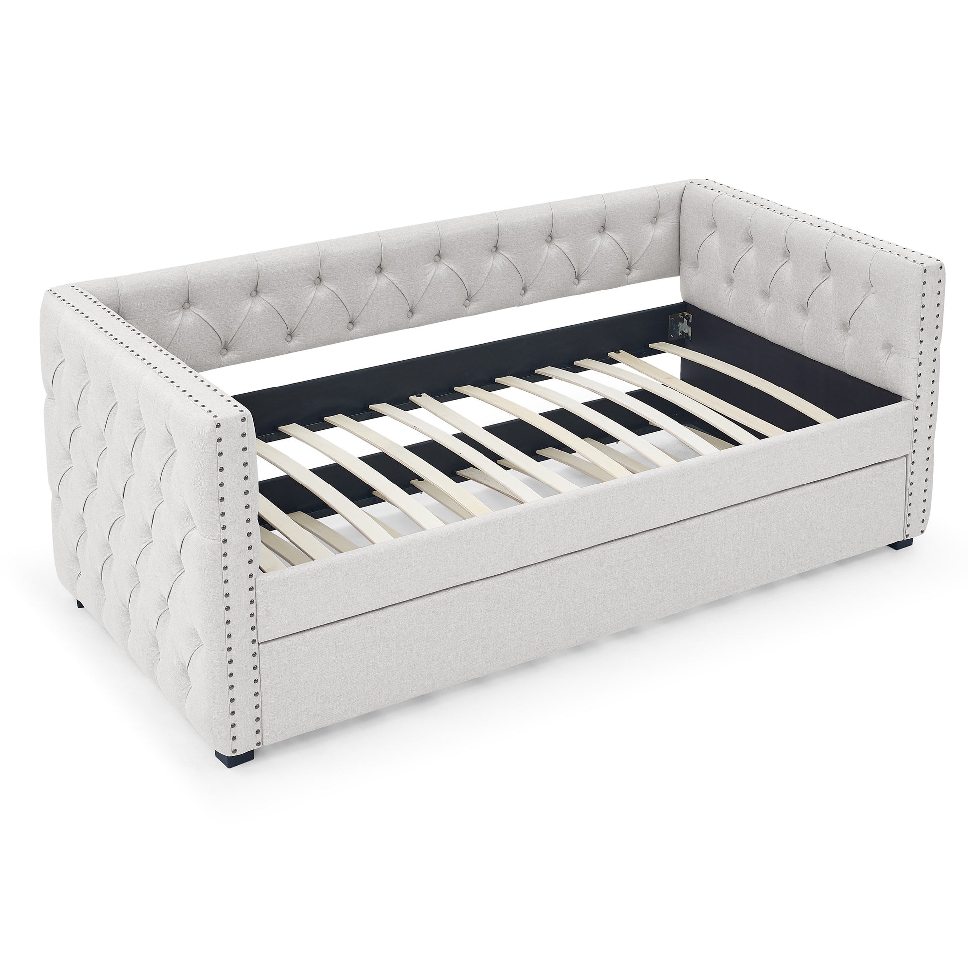 Daybed With Trundle Upholstered Tufted Sofa Bed, With Button And Copper Nail On Square Arms,Both Twin Size, Beige 85"X42.5"X31.5" Beige Linen