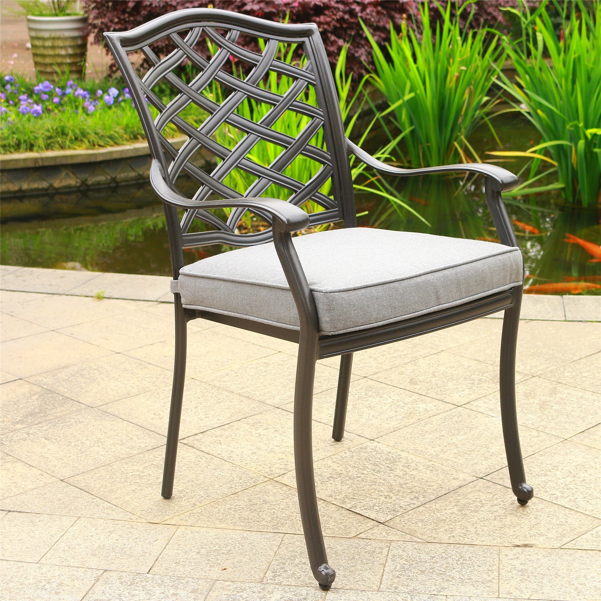 Outdoor Patio Aluminum Dining Arm Chair With Cushion, Set Of 2, Cast Slate Brown Grey Foam Aluminum