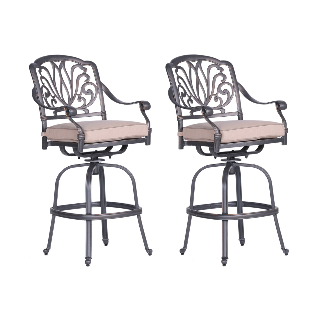 Patio Outdoor Aluminum Swivel Bar Stool With Cushion, Set Of 2, Spectrum Sand Grey Ivory Polyester Aluminum