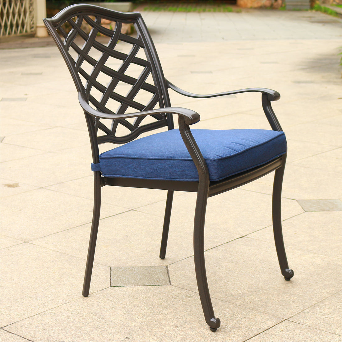 Outdoor Patio Aluminum Dining Arm Chair With Cushion, Set Of 2, Navy Blue Navy Blue Foam Aluminum