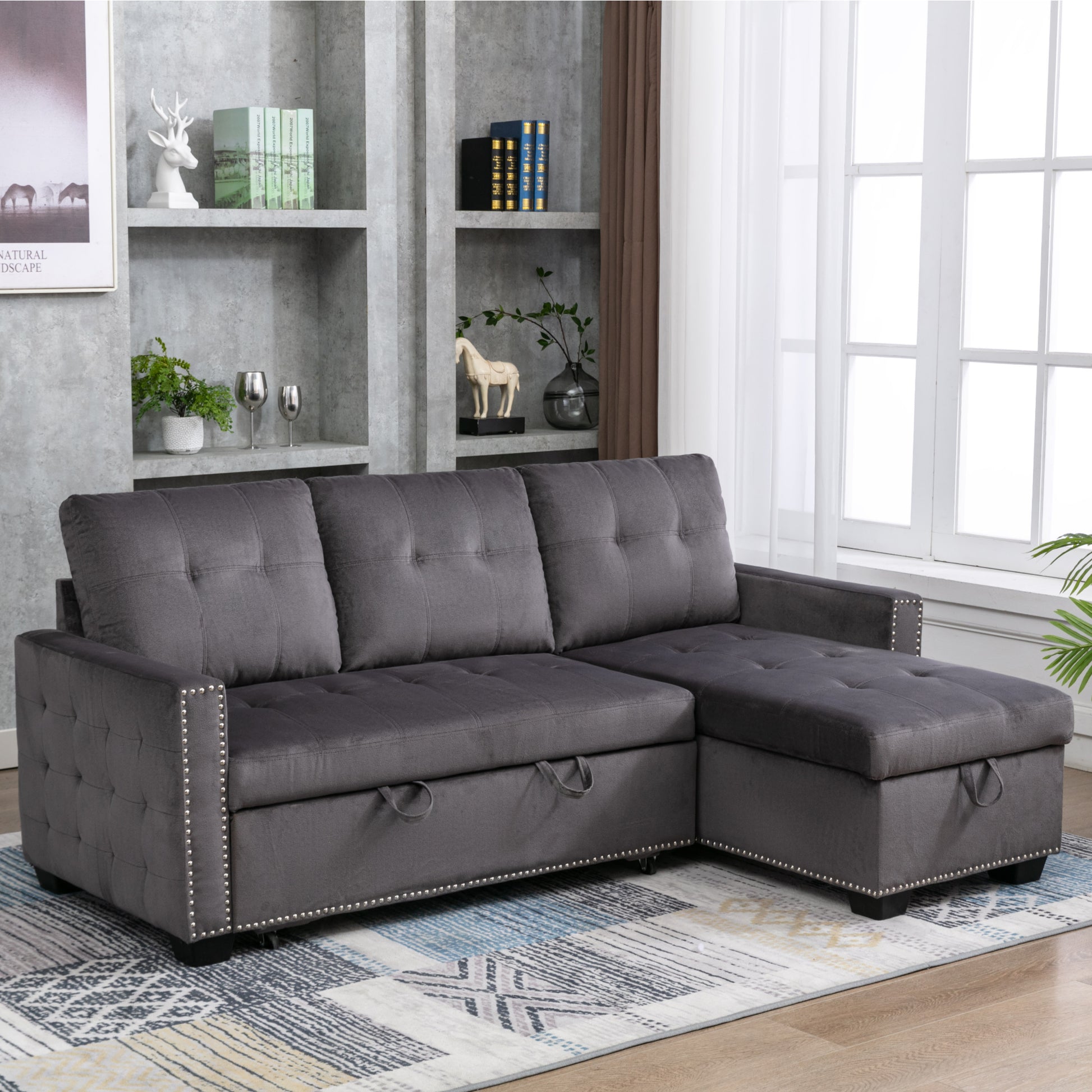 77 Inch Reversible Sectional Storage Sleeper Sofa Bedl Shape 2 Seat Sectional Chaise With Storageskin Feeling Velvet Fabric ,Dark Grey Color For Living Room Furniture Dark Grey Velvet