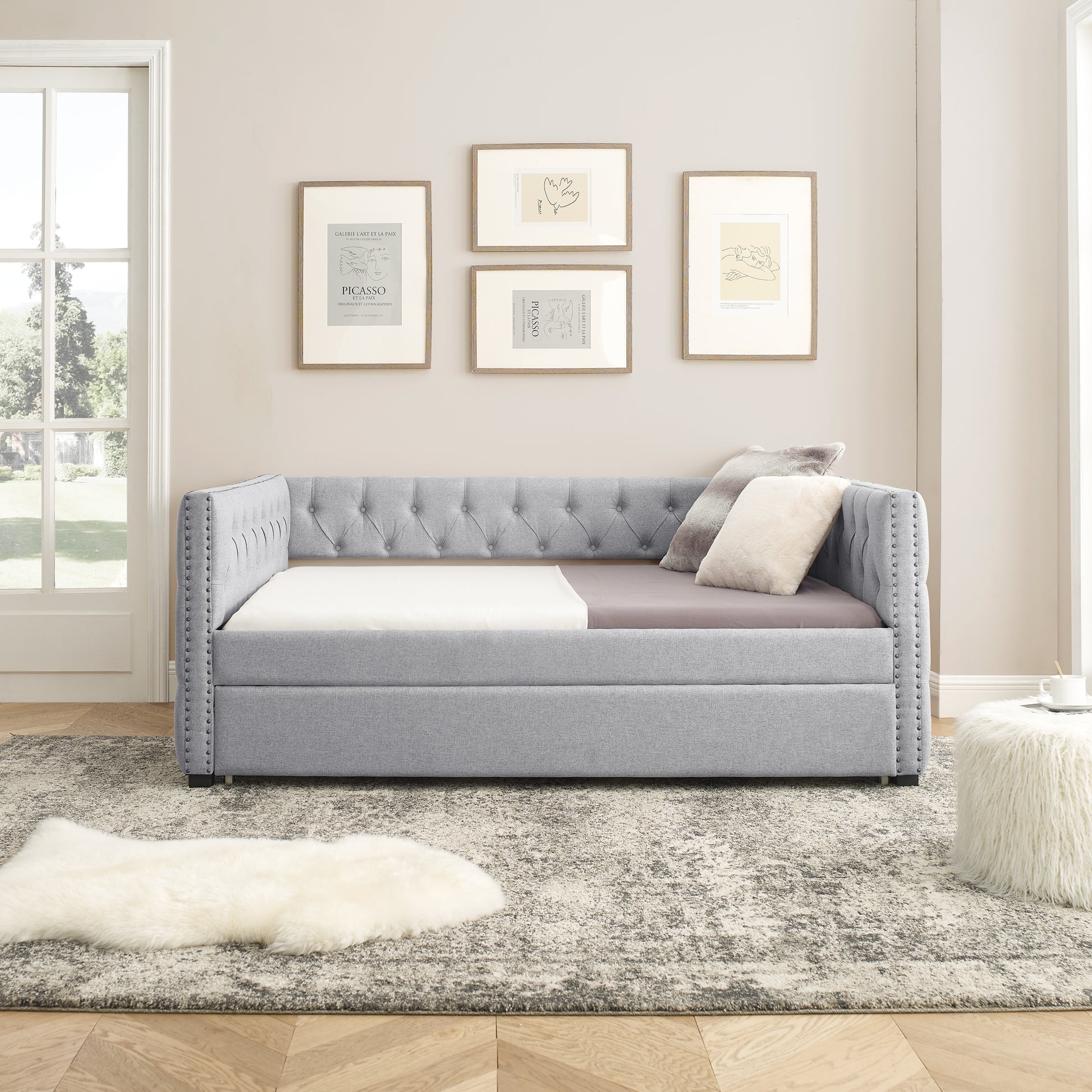 Daybed With Trundle Upholstered Tufted Sofa Bed, With Button And Copper Nail On Square Arms,Full Daybed & Twin Trundle, Grey 85"X57"X31.5" Grey Linen