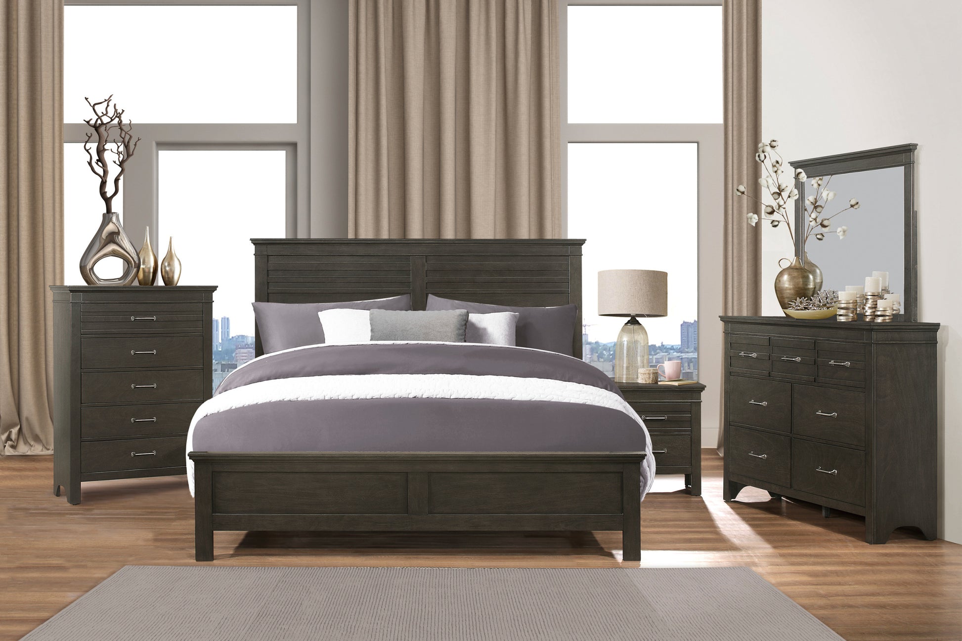 Charcoal Gray Finish Eastern King Bed 1Pc Transitional Style Wooden Bedroom Furniture Panel Bed Box Spring Required King Charcoal Grey Wood Bedroom Transitional Panel Wood