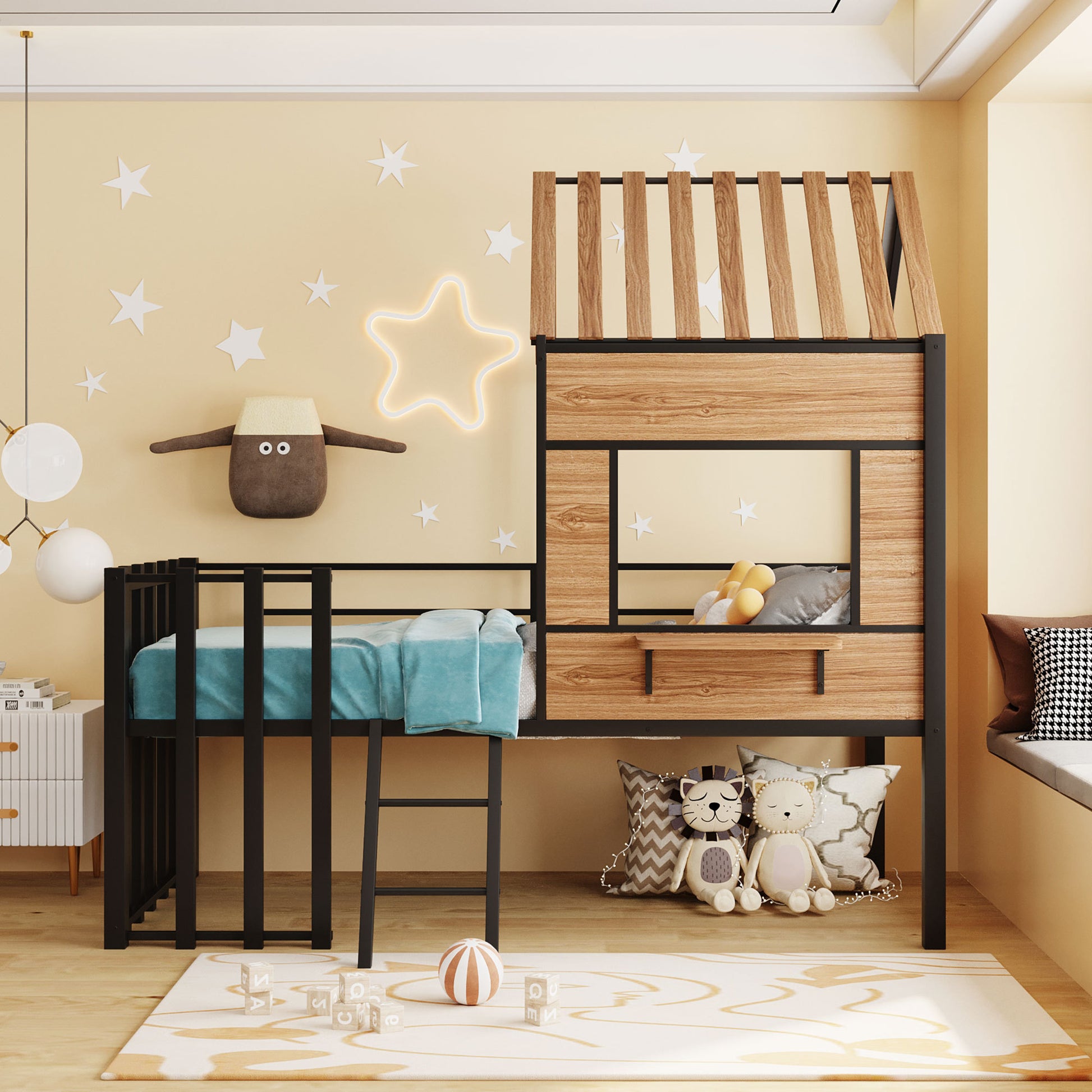 Metal Twin Size Loft Bed With Roof, Window, Guardrail, Ladder Black Black Metal