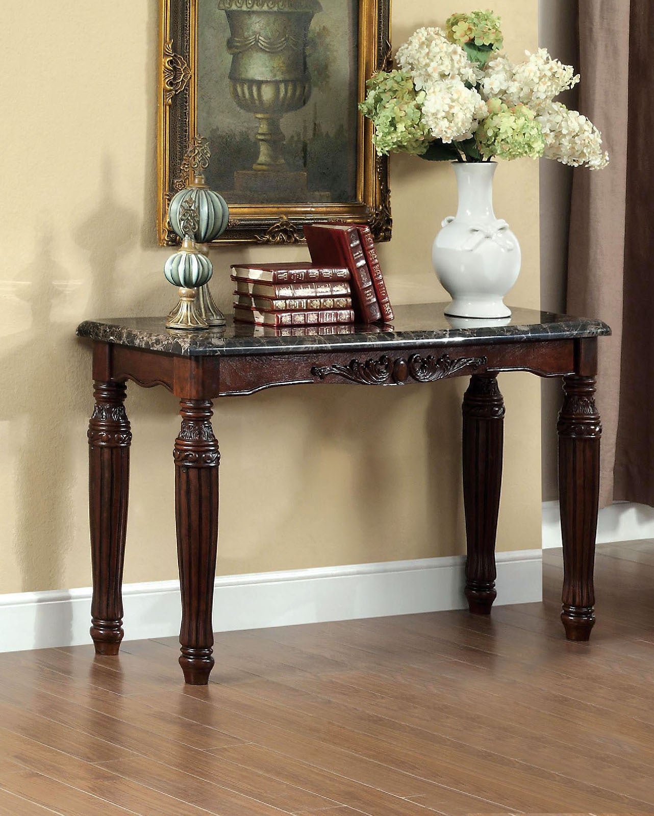 Traditional Espresso Solid Wood Sofa Table Faux Marble Top Intricate Design Living Room Furniture Espresso Primary Living Space Antique,Classic,Traditional Rectangular Solid Wood