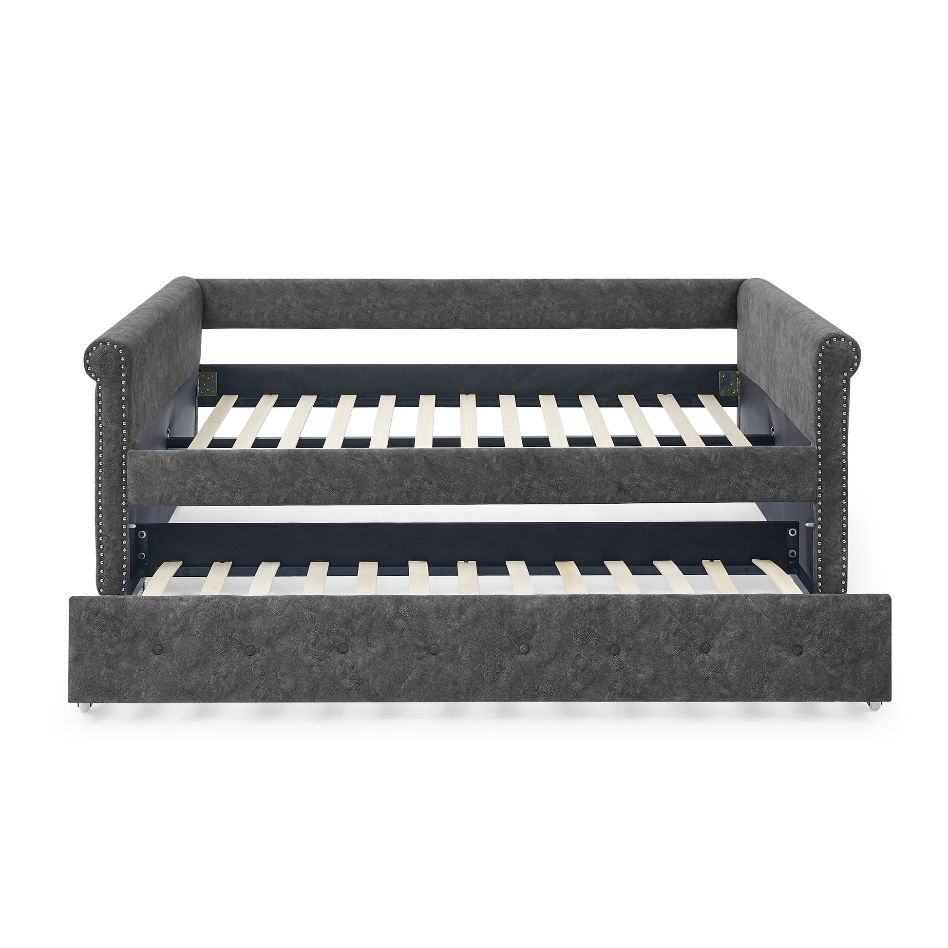 Daybed With Trundle Upholstered Tufted Sofa Bed, With Button And Copper Nail On Arms,Full Daybed & Twin Trundle, Grey 85.5"X57"X30.5" Gray Plywood