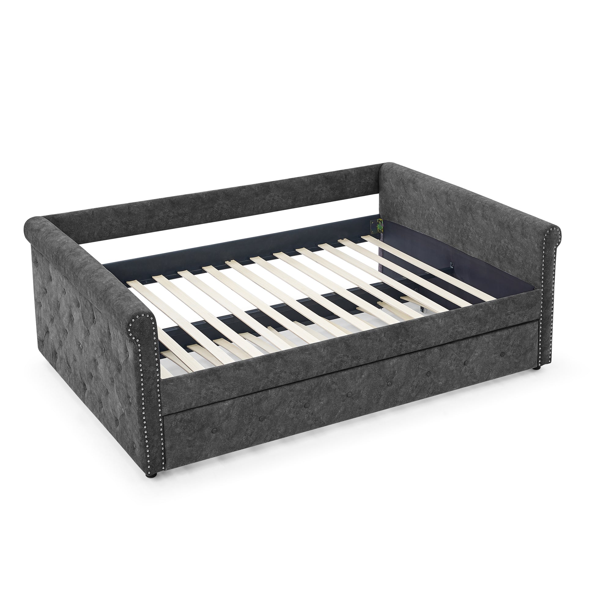 Daybed With Trundle Upholstered Tufted Sofa Bed, With Button And Copper Nail On Arms,Full Daybed & Twin Trundle, Grey 85.5"X57"X30.5" Gray Plywood