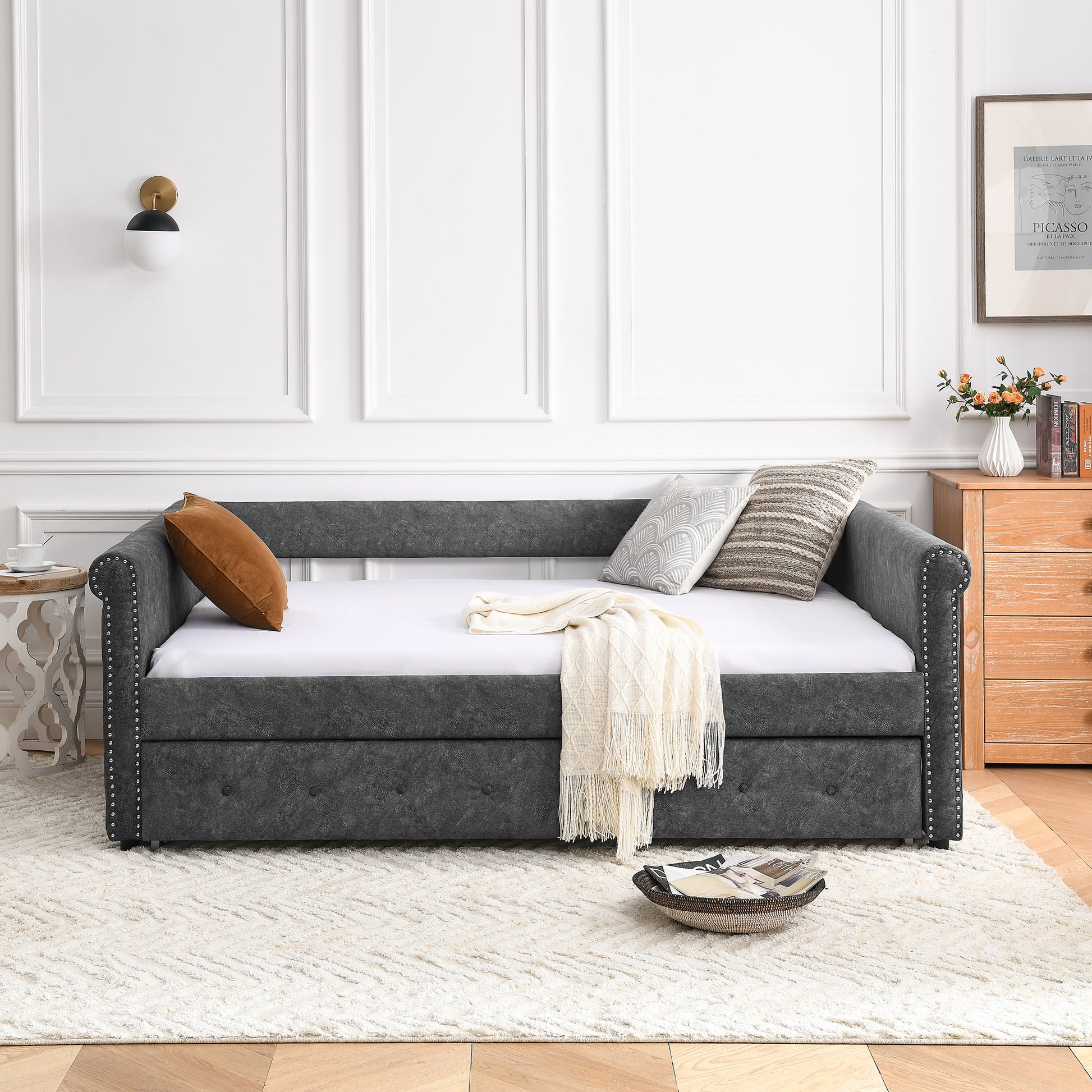 Daybed With Trundle Upholstered Tufted Sofa Bed, With Button And Copper Nail On Arms,Full Daybed & Twin Trundle, Grey 85.5"X57"X30.5" Gray Plywood