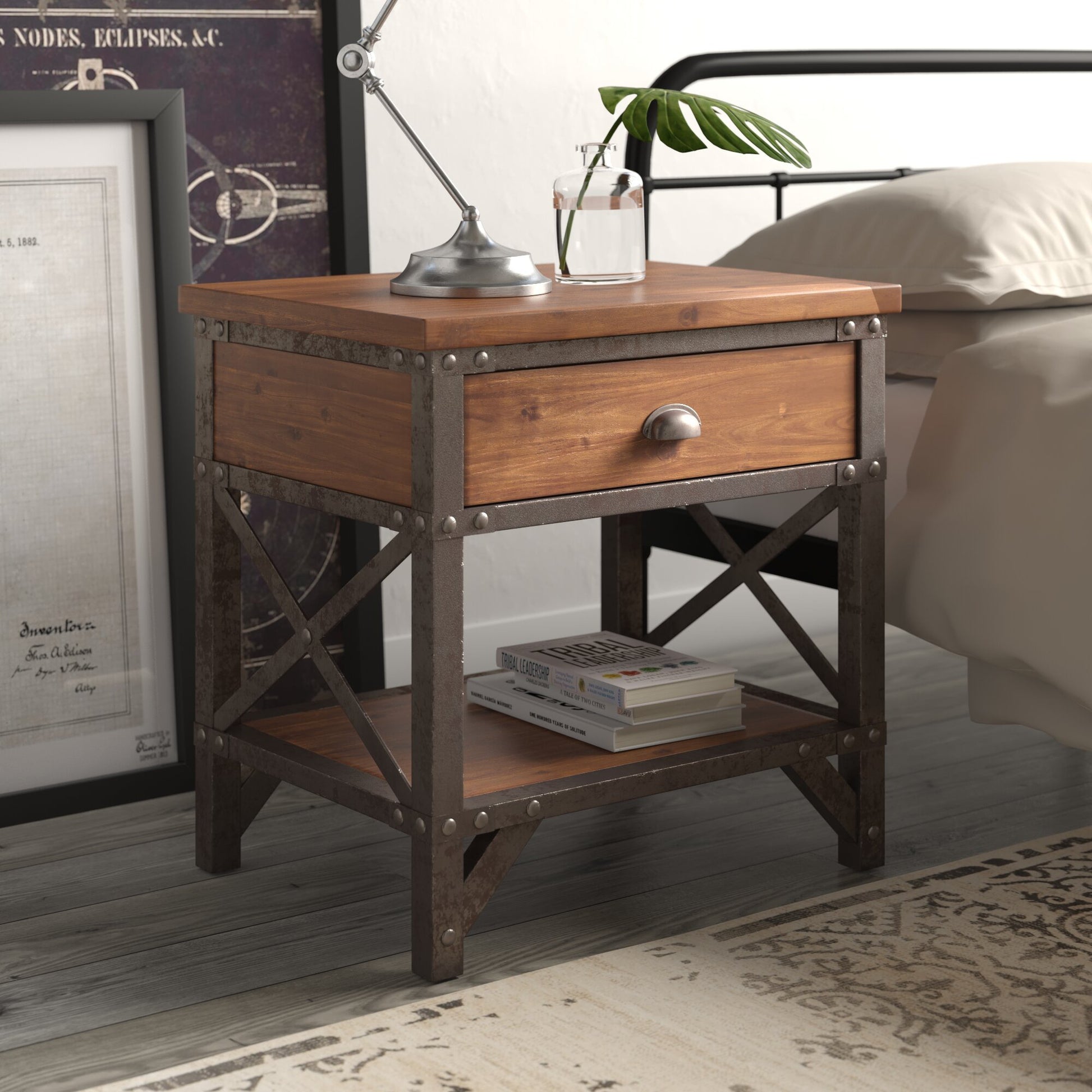 Unique Style Two Tone Finish Nightstand Of Drawer Shelf Metal Finished Brackets Industrial Design Bedroom Furniture Multicolor 1 Drawer Bedroom Industrial,Rustic Wood