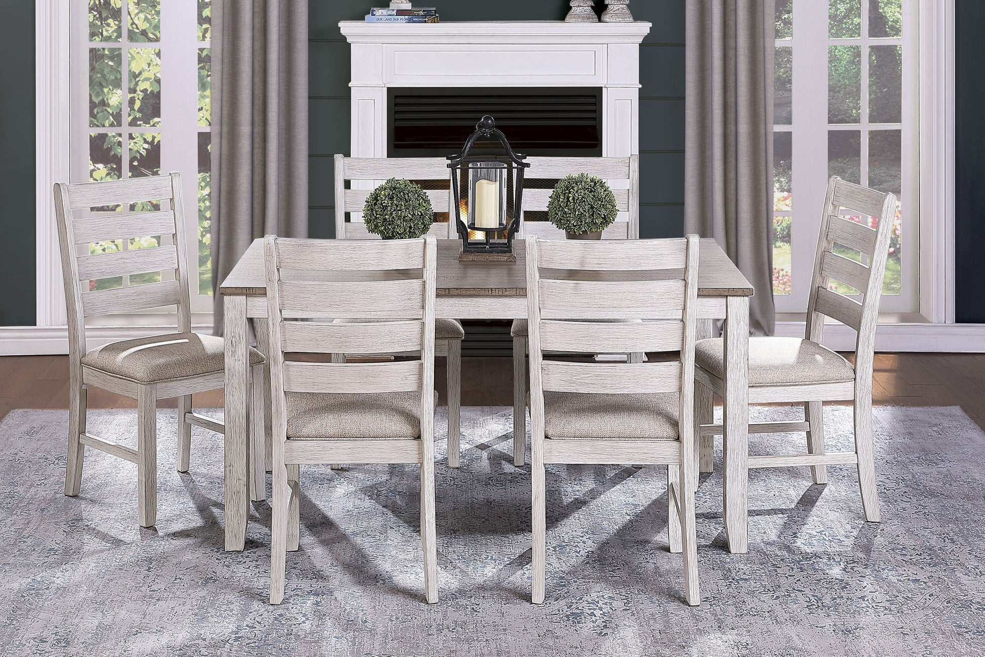 Grayish White And Brown Finish Casual Dining Room Furniture 7Pc Dining Set Rectangular Wooden Table And 6X Side Chairs Fabric Upholstered Seat Multicolor Seats 6 Dining Room Rectangular Dining Table With Chair Wood
