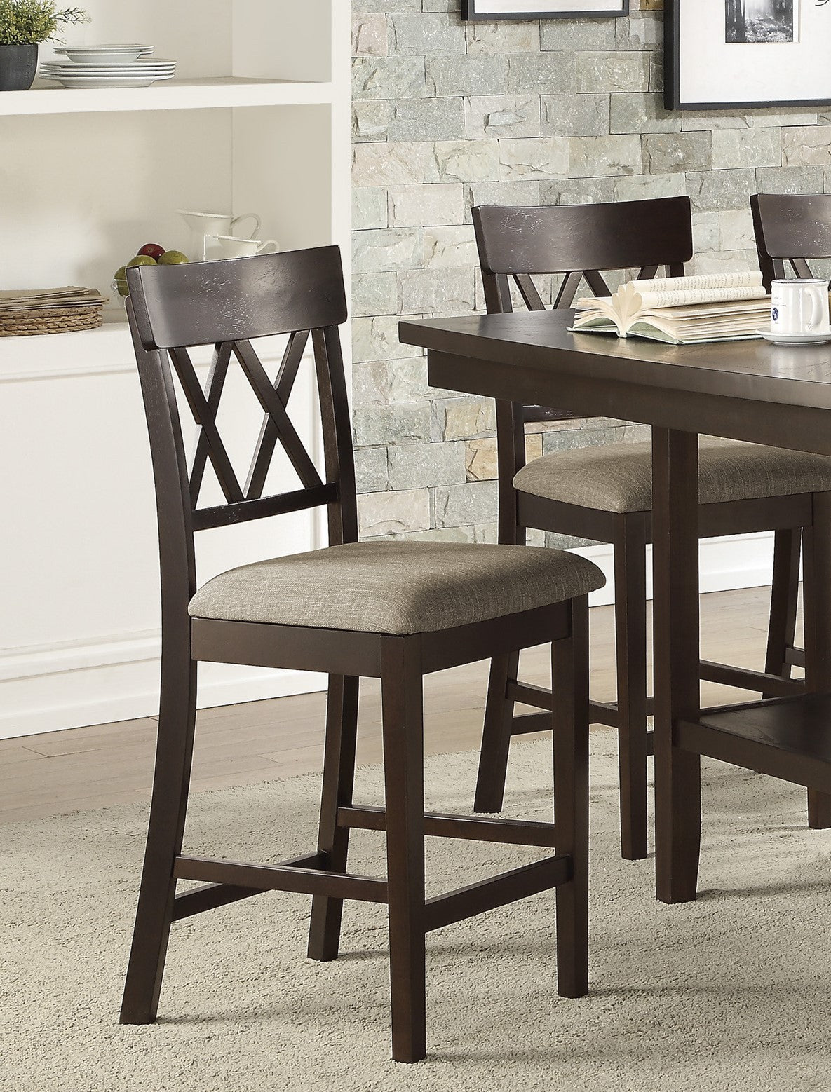 Dark Brown Finish Counter Height Table With Lazy Susan Lower Display Shelf And 4X Counter Height Chairs Bench Contemporary Dining 6Pc Set Wooden Furniture Wood Wood Brown Mix Seats 6 Wood Dining Room Dining Table With Chair And Bench Wood