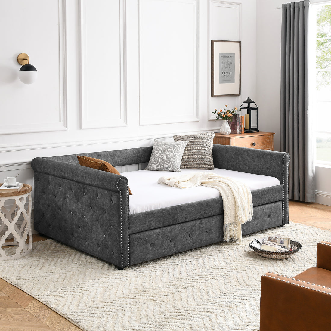 Daybed With Trundle Upholstered Tufted Sofa Bed, With Button And Copper Nail On Arms,Full Daybed & Twin Trundle, Grey 85.5"X57"X30.5" Gray Plywood