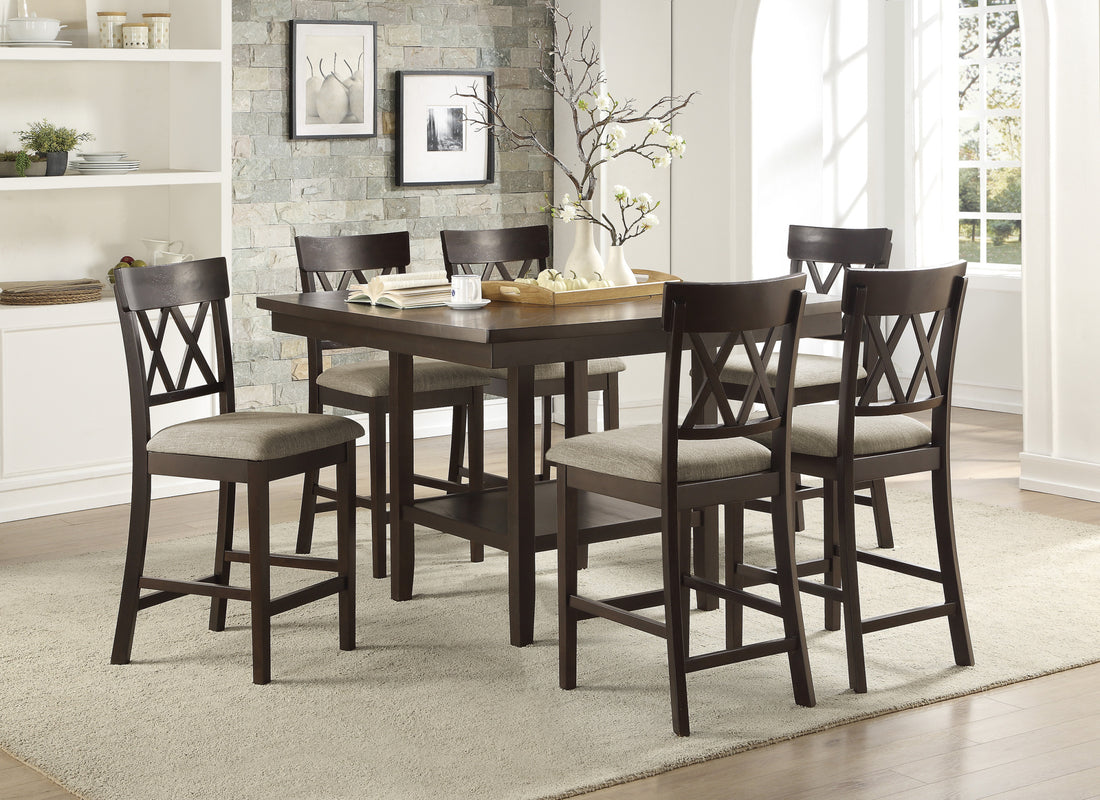 Dark Brown Finish Counter Height Table With Lazy Susan Lower Display Shelf And 6X Counter Height Chairs Contemporary Dining 7Pc Set Wooden Furniture Wood Wood Brown Mix Wood Dining Room Dining Table With Chair Wood