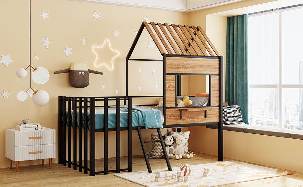 Metal Twin Size Loft Bed With Roof, Window, Guardrail, Ladder Black Black Metal