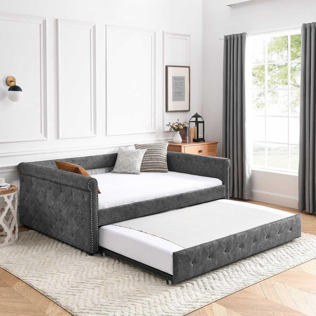 Daybed With Trundle Upholstered Tufted Sofa Bed, With Button And Copper Nail On Arms,Full Daybed & Twin Trundle, Grey 85.5"X57"X30.5" Gray Plywood